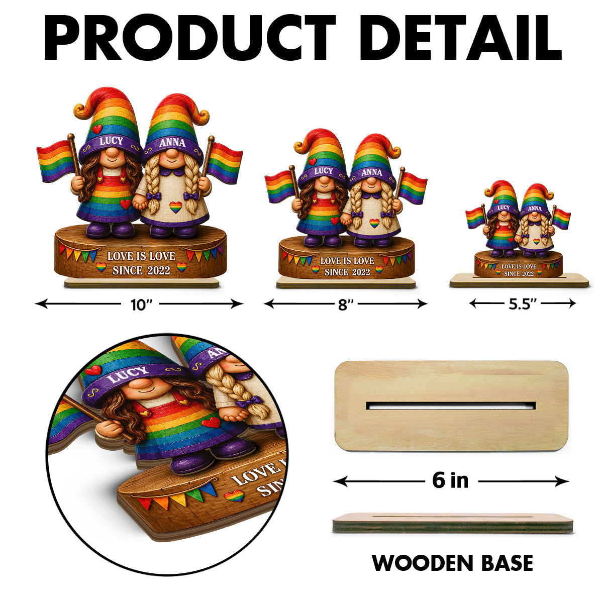 Love Is Love Rainbow Gnome Couple - Personalized 2-Layered Wooden Plaque - Gift For Couple, Happy Pride Month