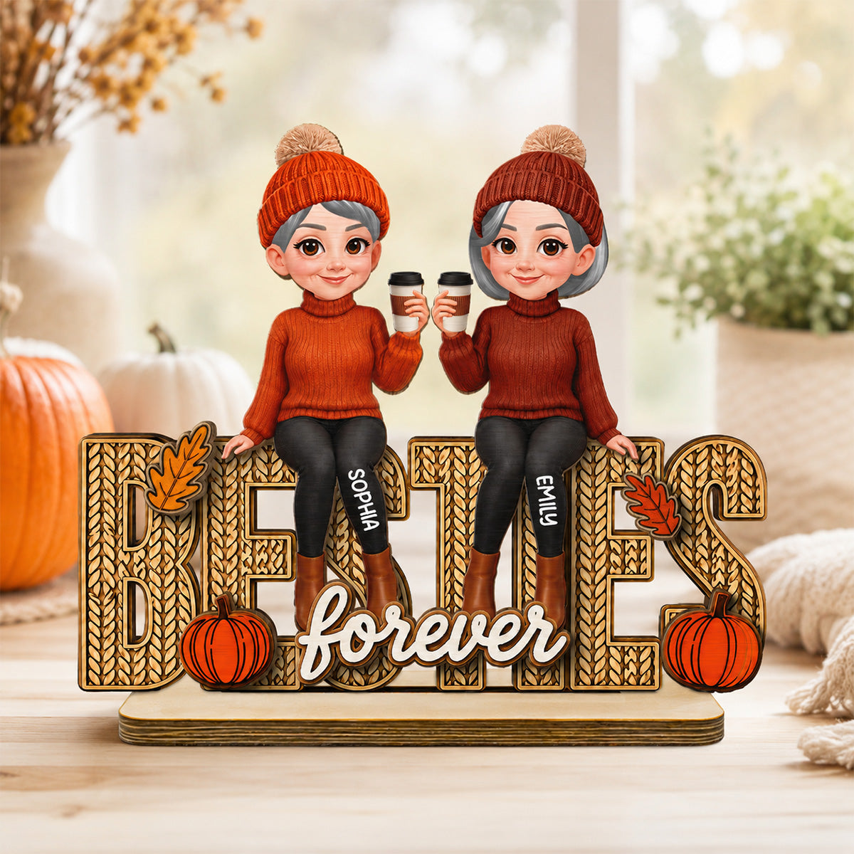 Besties Sisters Fall Season Knit Pattern - Personalized Wooden Plaque