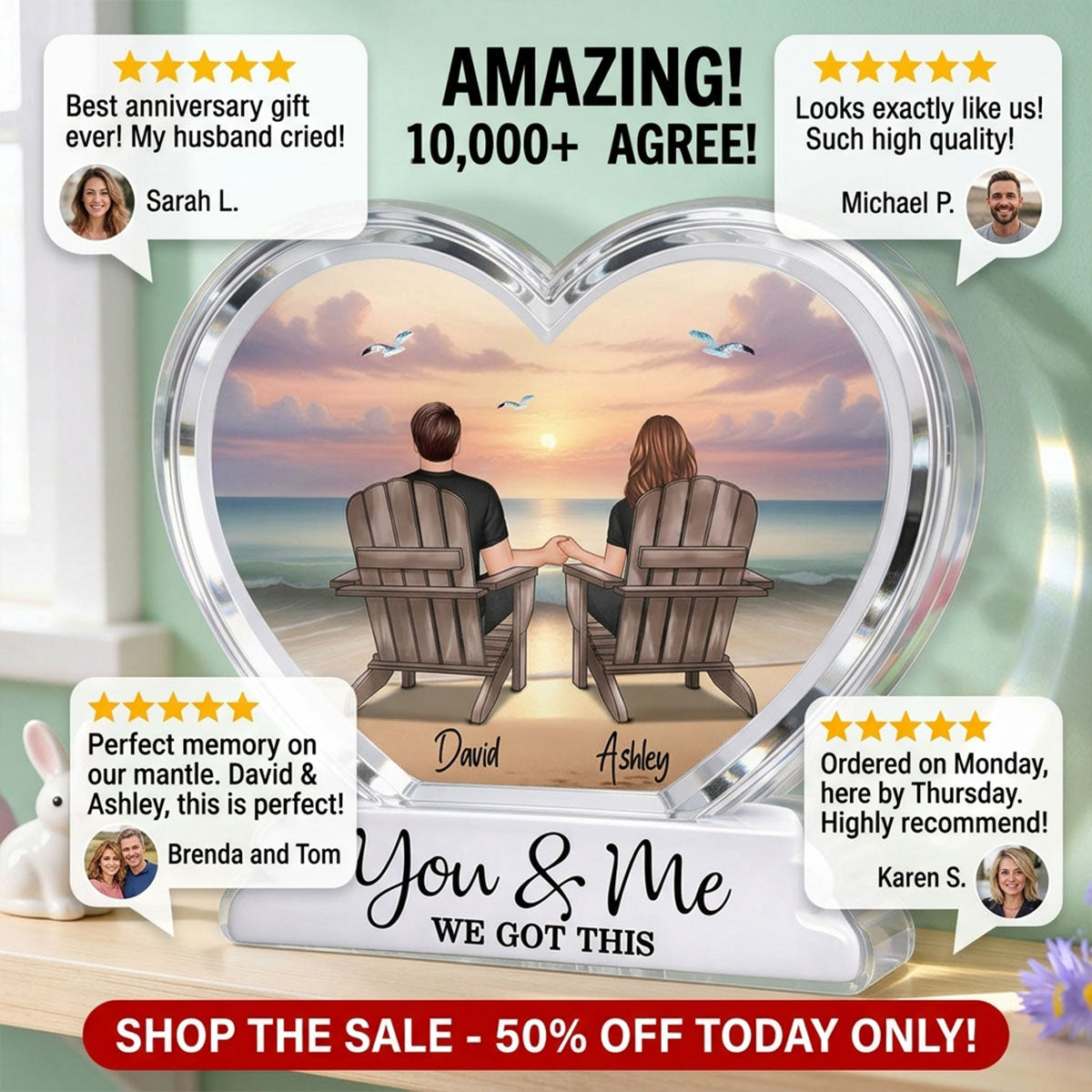 Couple Sitting Back View Beach Landscape 2D Flat - Personalized Acrylic Block Plaque - Anniversary, Birthday Gift For Him, Gift For Her