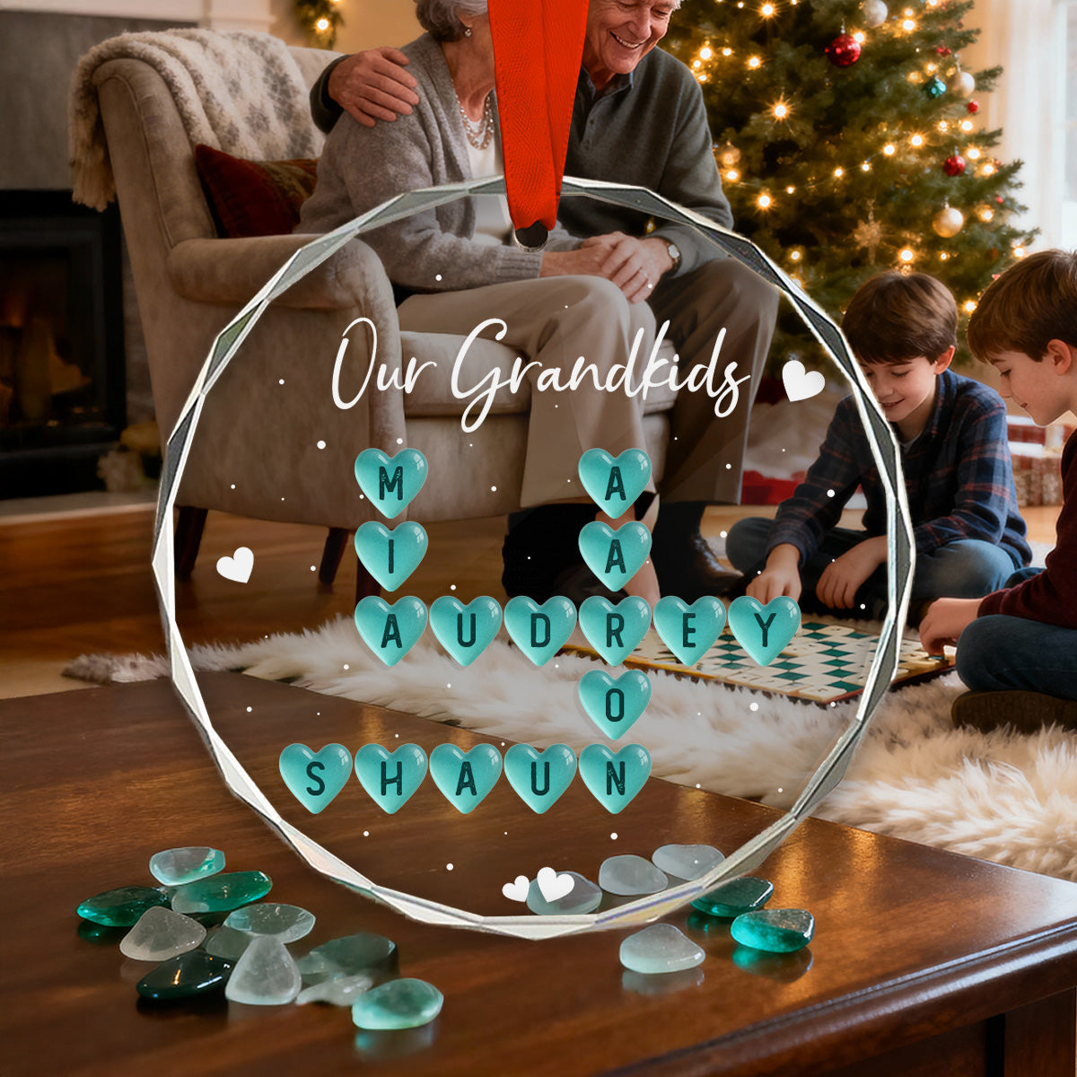 My Grandkids Sea Glass 3D Inflated Effect Crossword Puzzle Art - Personalized Glass Ornament - Christmas Decor For Grandma, Grandparents
