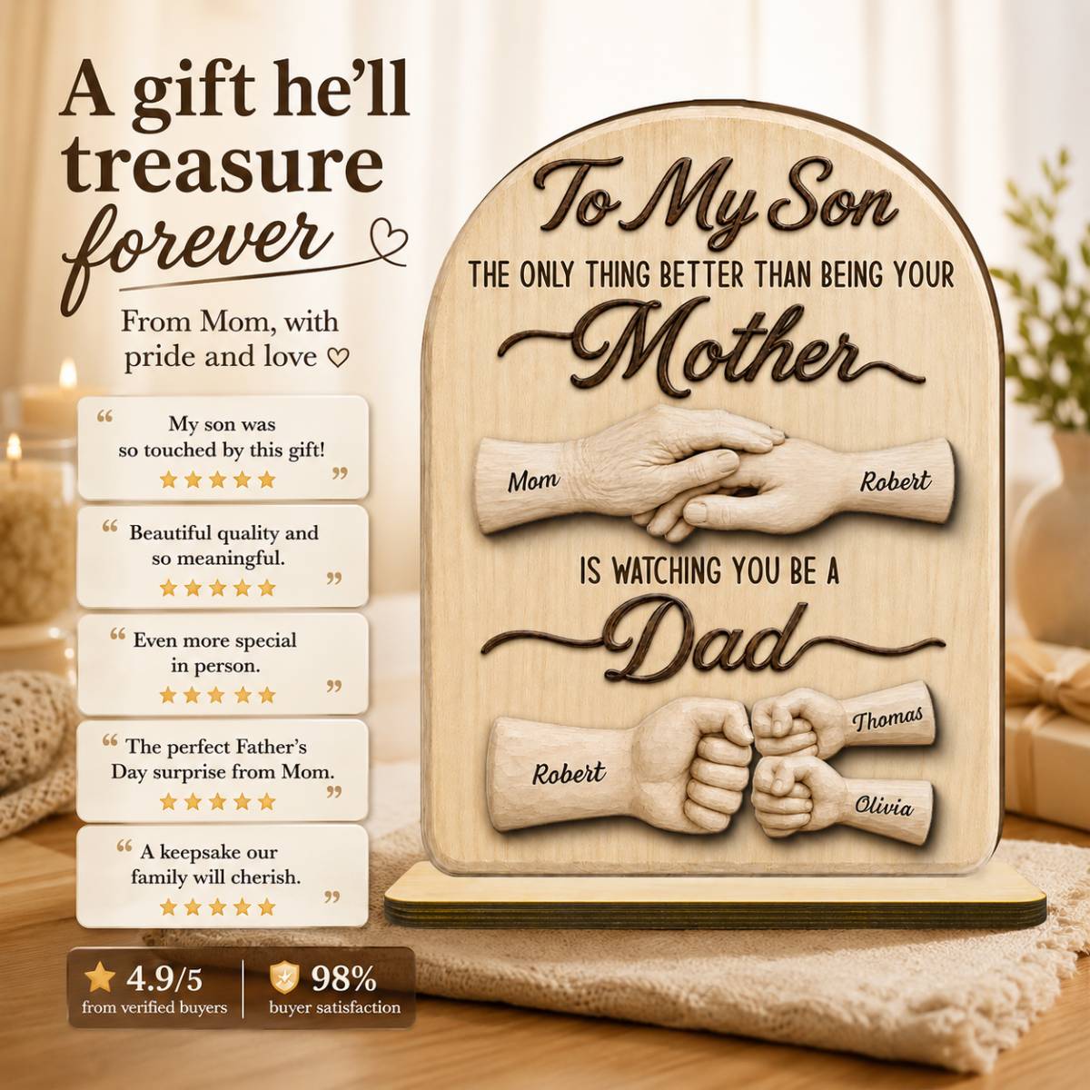 To My Son Watching You Be A Dad From Mom - Personalized 2-Layered Wooden Plaque -  Gift For Son