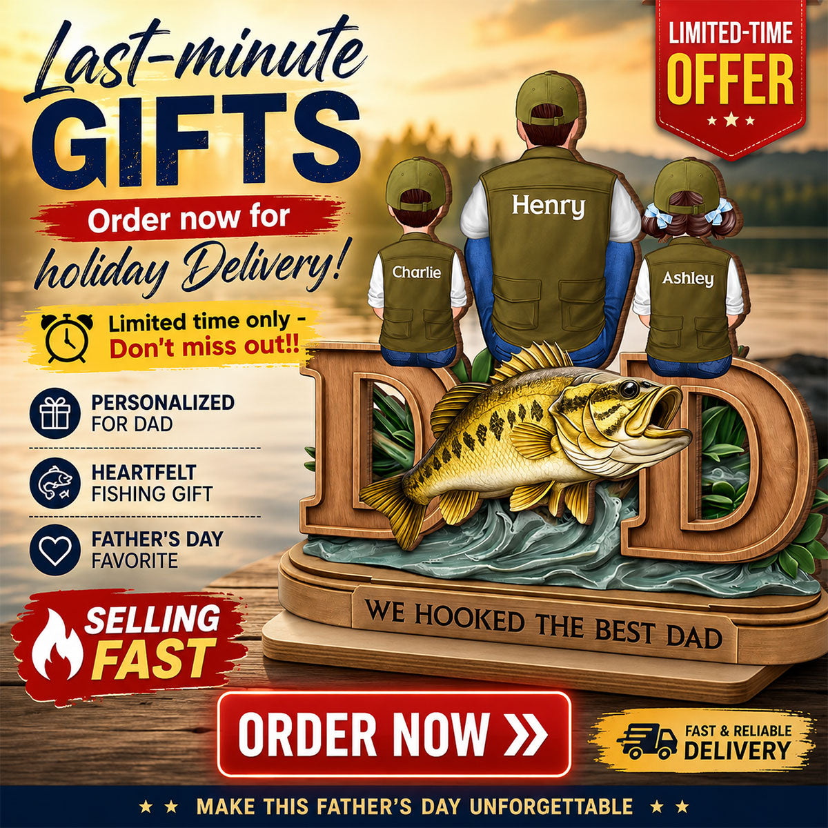 Fishing Dad And Kids Sitting Together - Personalized 2-Layered Wooden Plaque - Heartfelt Gift For Dad, Gift For Husband