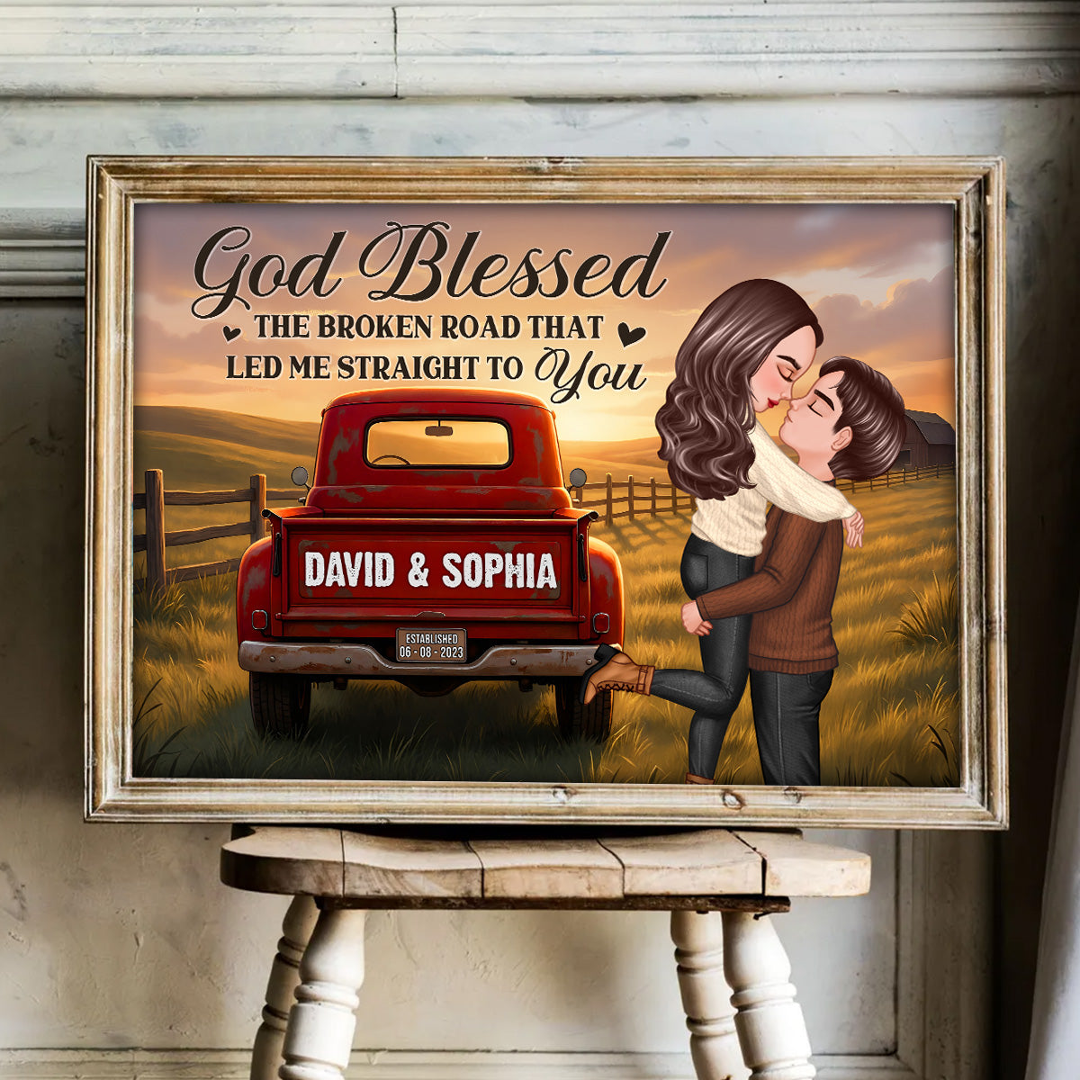 Rustic Nostalgia Red Truck Couple Hugging Kissing Farmhouse Decor - Personalized Poster - Heartfelt Valentine, Anniversary Gift For Him, For Her