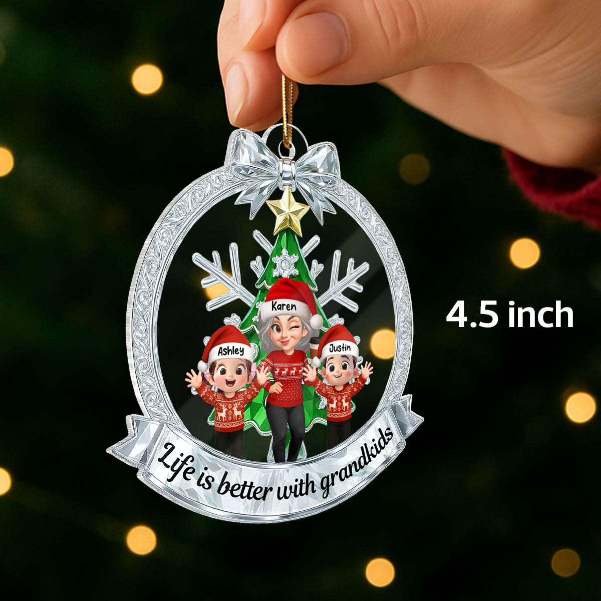 Grandma Grandkids Sitting on Christmas Wreath Metallic Effect - Personalized Acrylic Ornament - Christmas Gift for Grandma
