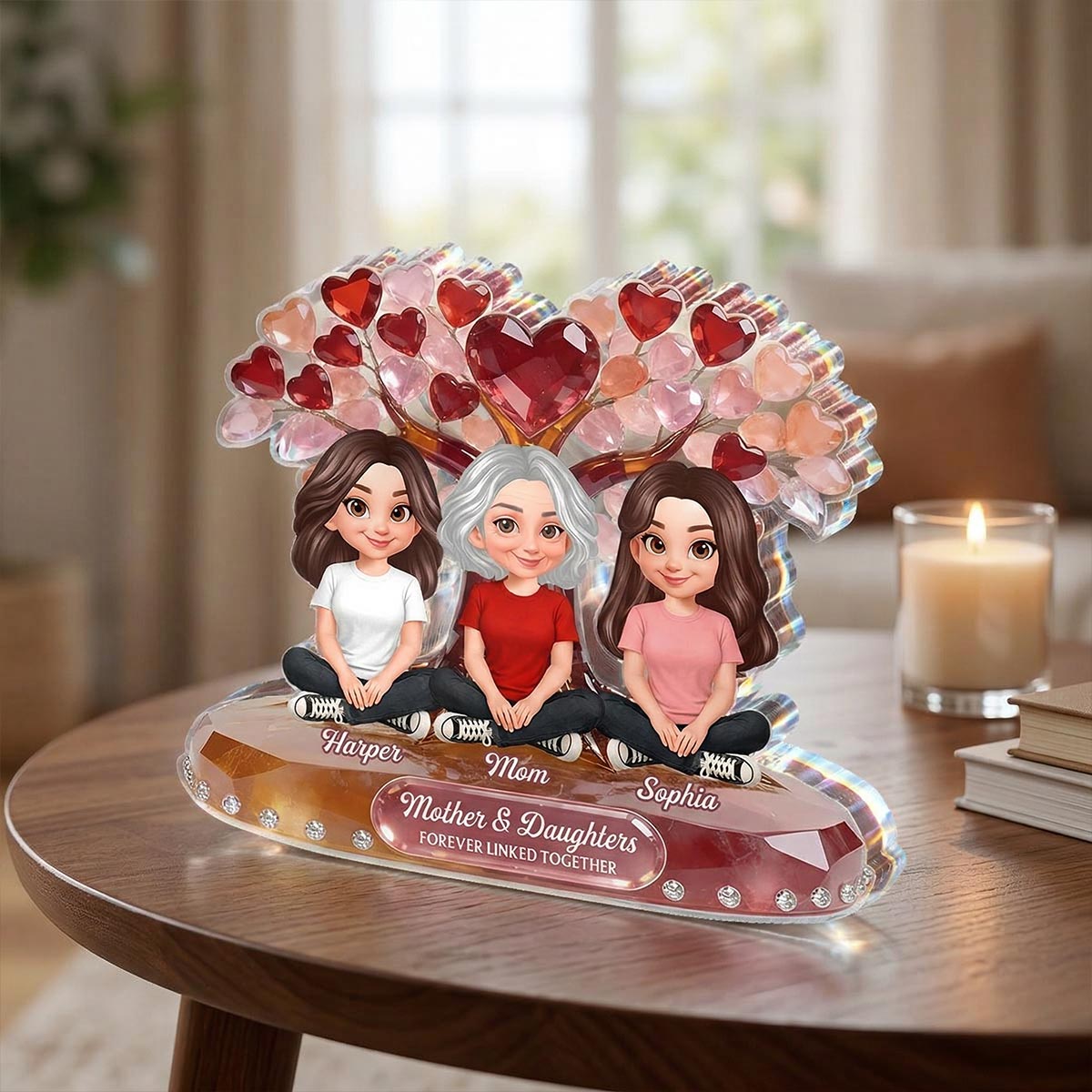 Mom And Son Daughter Under Heart Tree Forever Linked Together - Personalized Acrylic Block Plaque - Gift For Mom