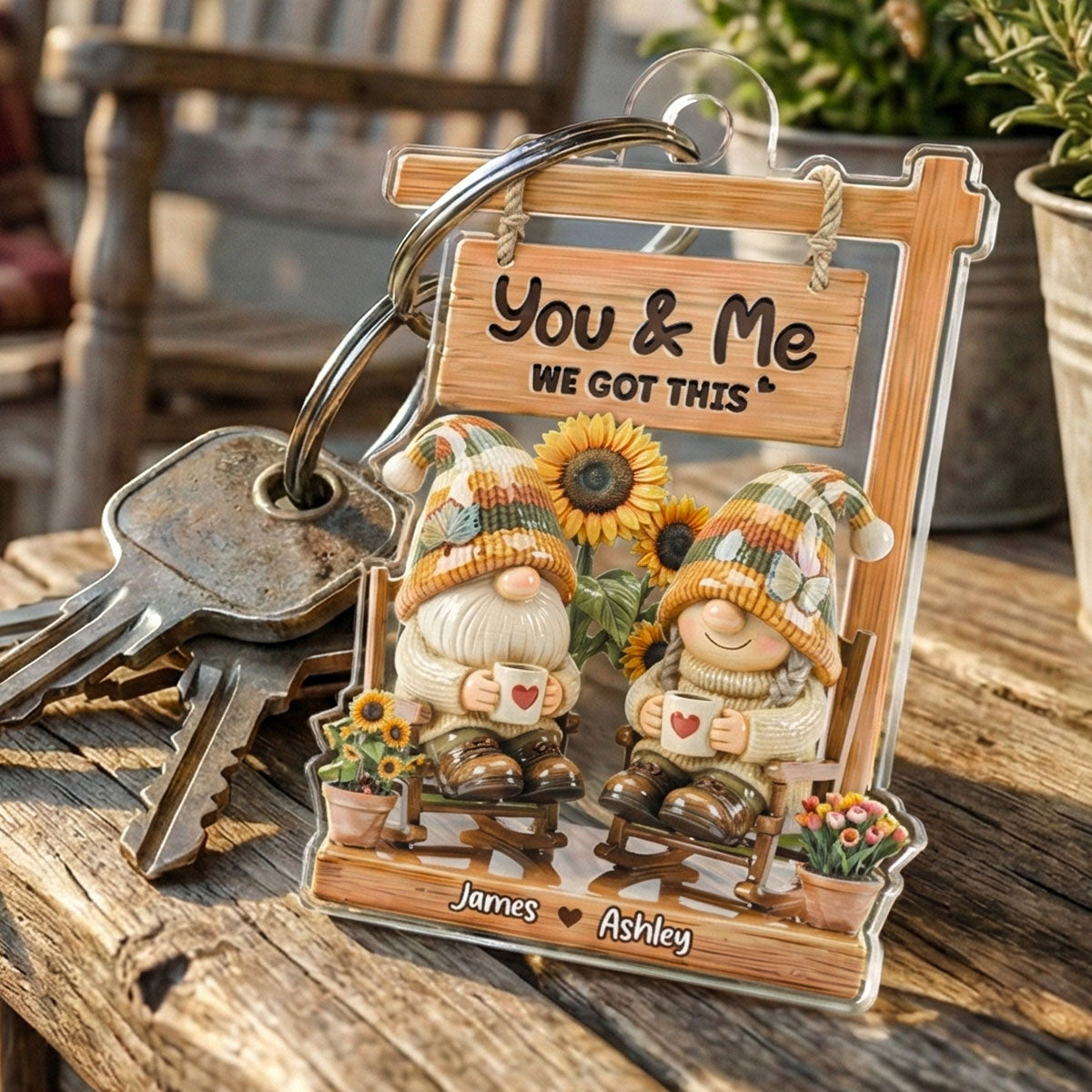 3D Effect Gnome Couple Sitting On Rocking Chair - Personalized Acrylic Keychain - Anniversary, Valentine's Day Gift For Him, Gift For Her