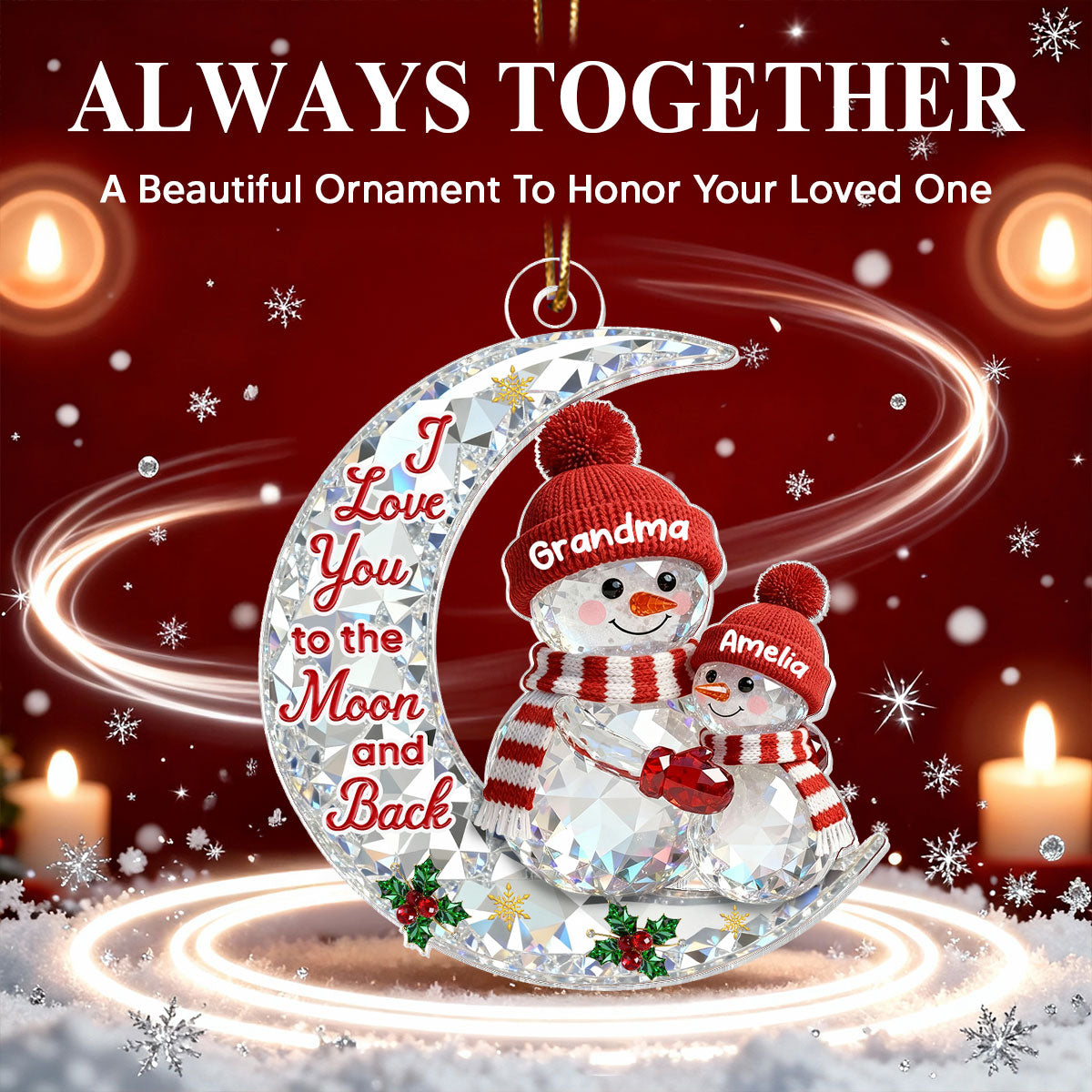 3D Effect Flat Snowman Grandma And Grandkid On Moon - Personalized Acrylic Ornament - Gift For Grandma, Grandkids