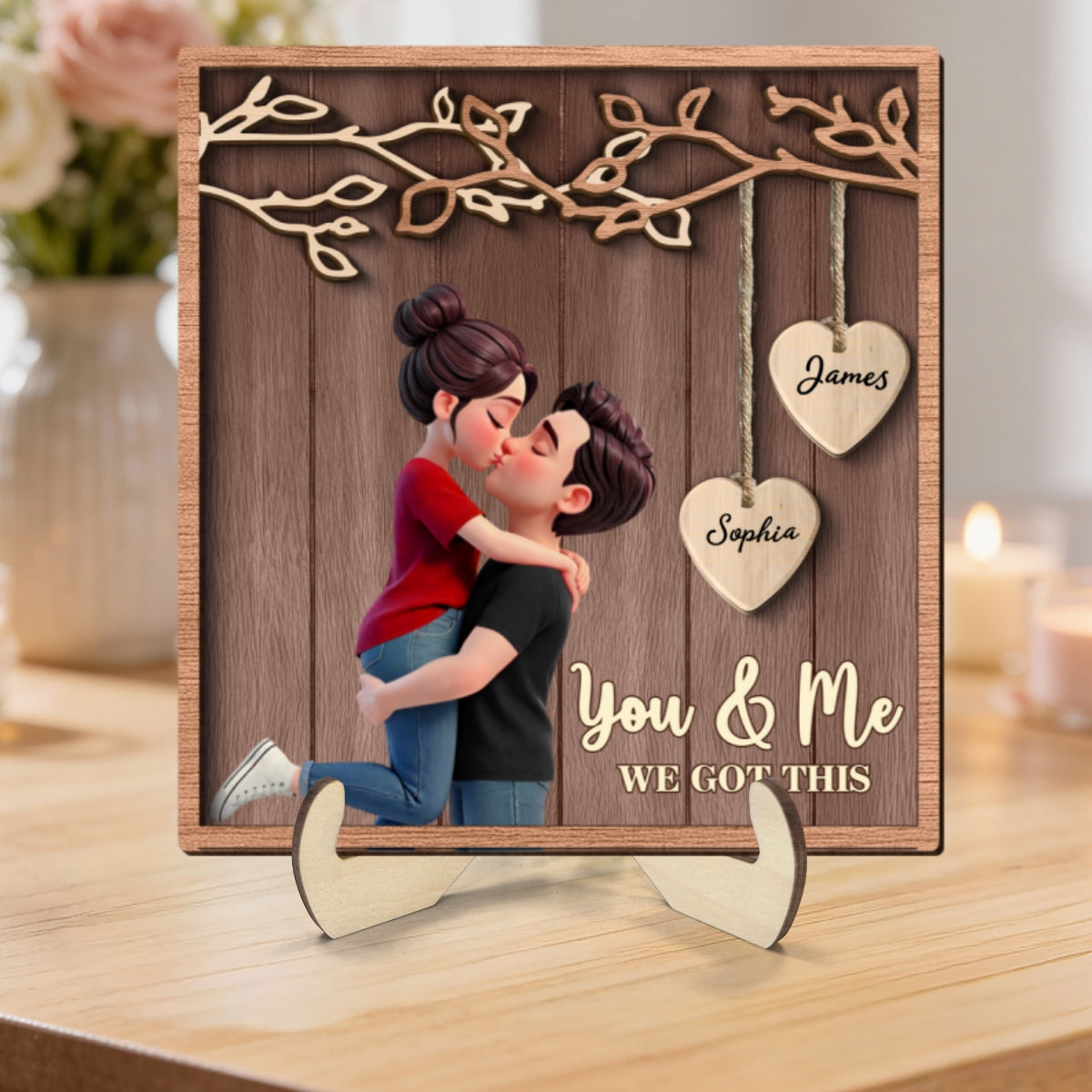 Couple Hugging Kissing Under Eternal Tree Of Love - Personalized 2-Layered Wooden Plaque - Gift For Couple