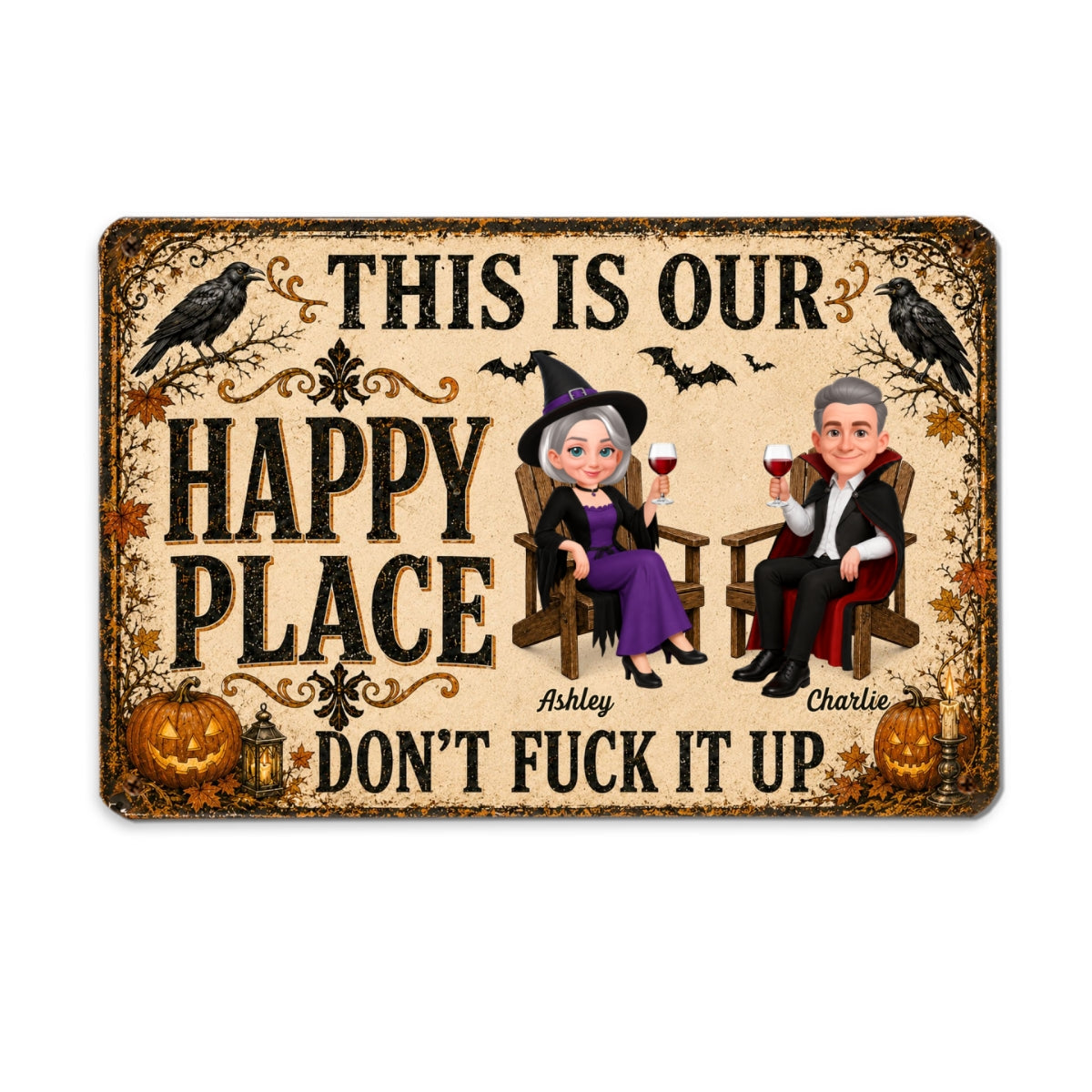 Happy Place Halloween Couple - Personalized Metal Sign - Halloween Gift For Him, Her