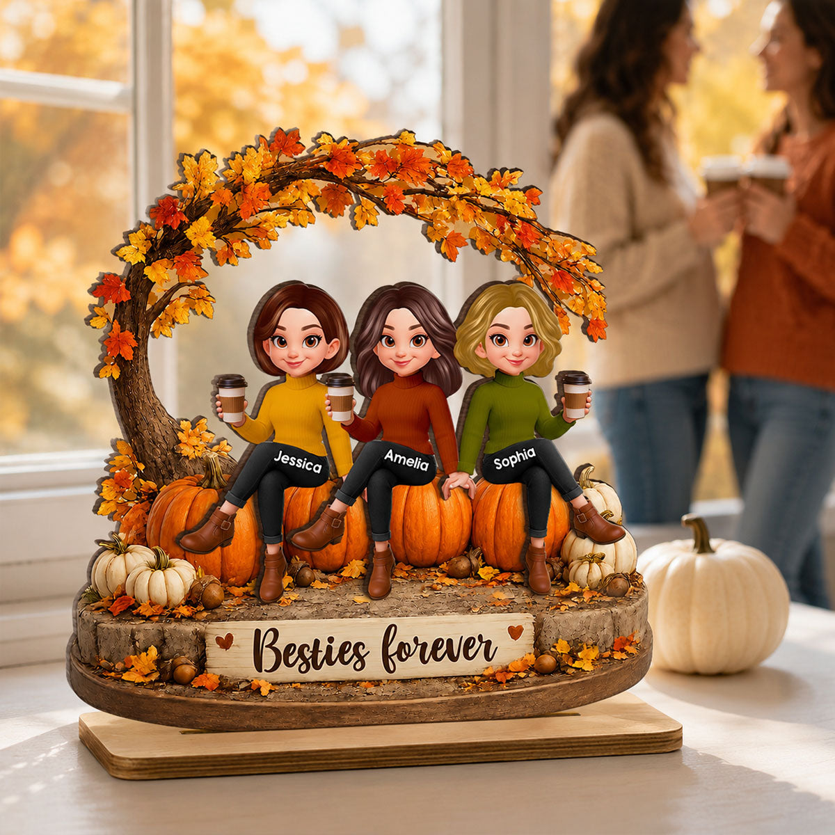Cozy Autumn Besties Forever - Personalized 2-Layered Wooden Plaque - Fall Season Gift For Besties