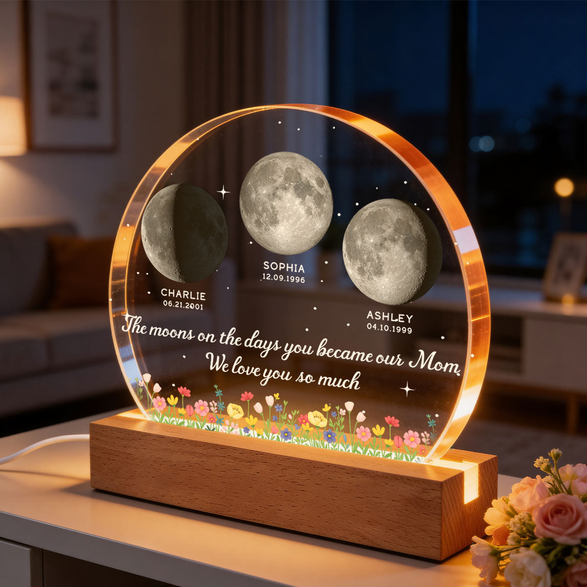 The Days You Became Our Mom, Custom Moon Phase by Date - Personalized Acrylic LED Night Light - Heartfelt Mother's Day Gift for Mom