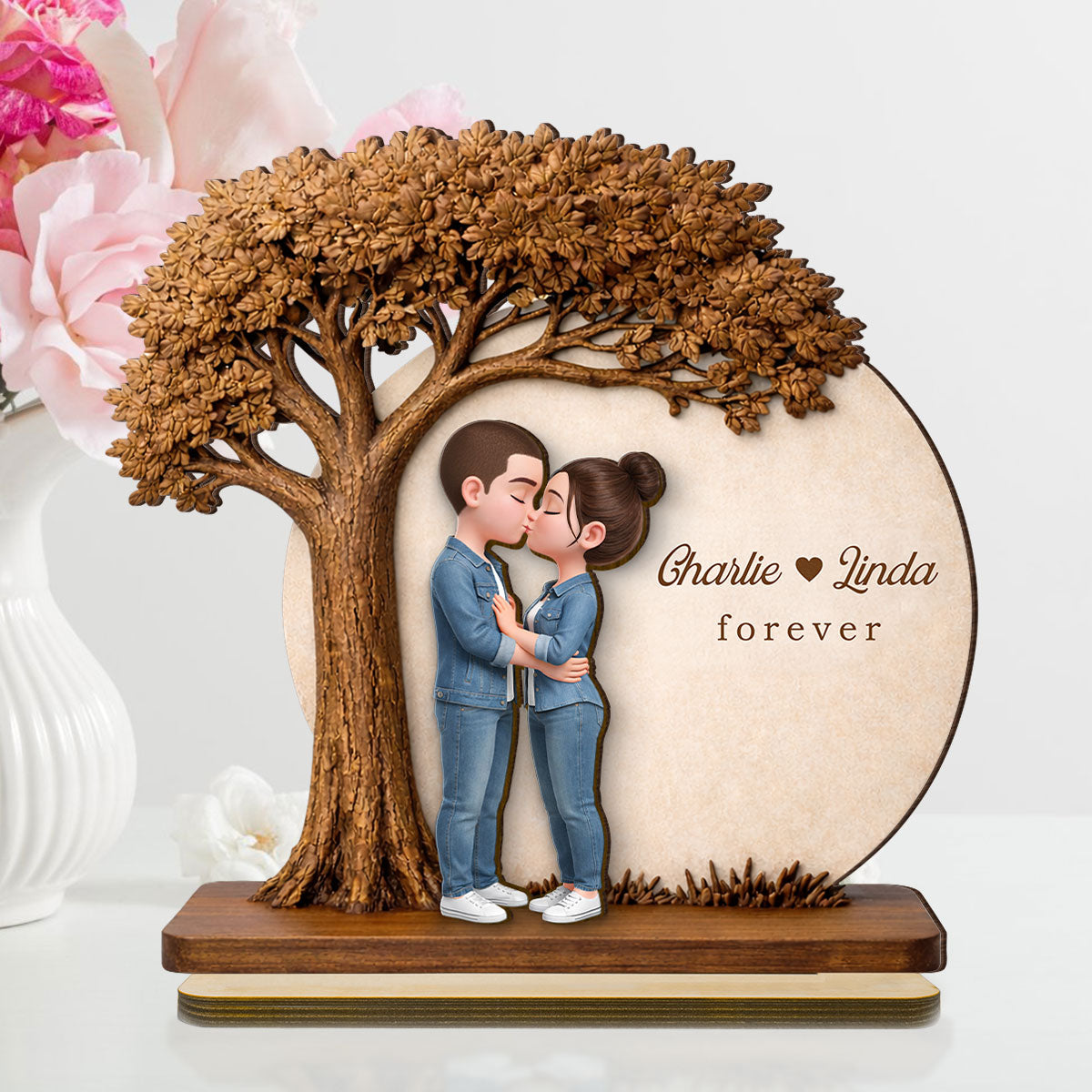 Romantic Couple Tree Love - Personalized 2-Layered Wooden Plaque - Anniversary, Valentine's Day Gift, Gift For Him, Gift For Her
