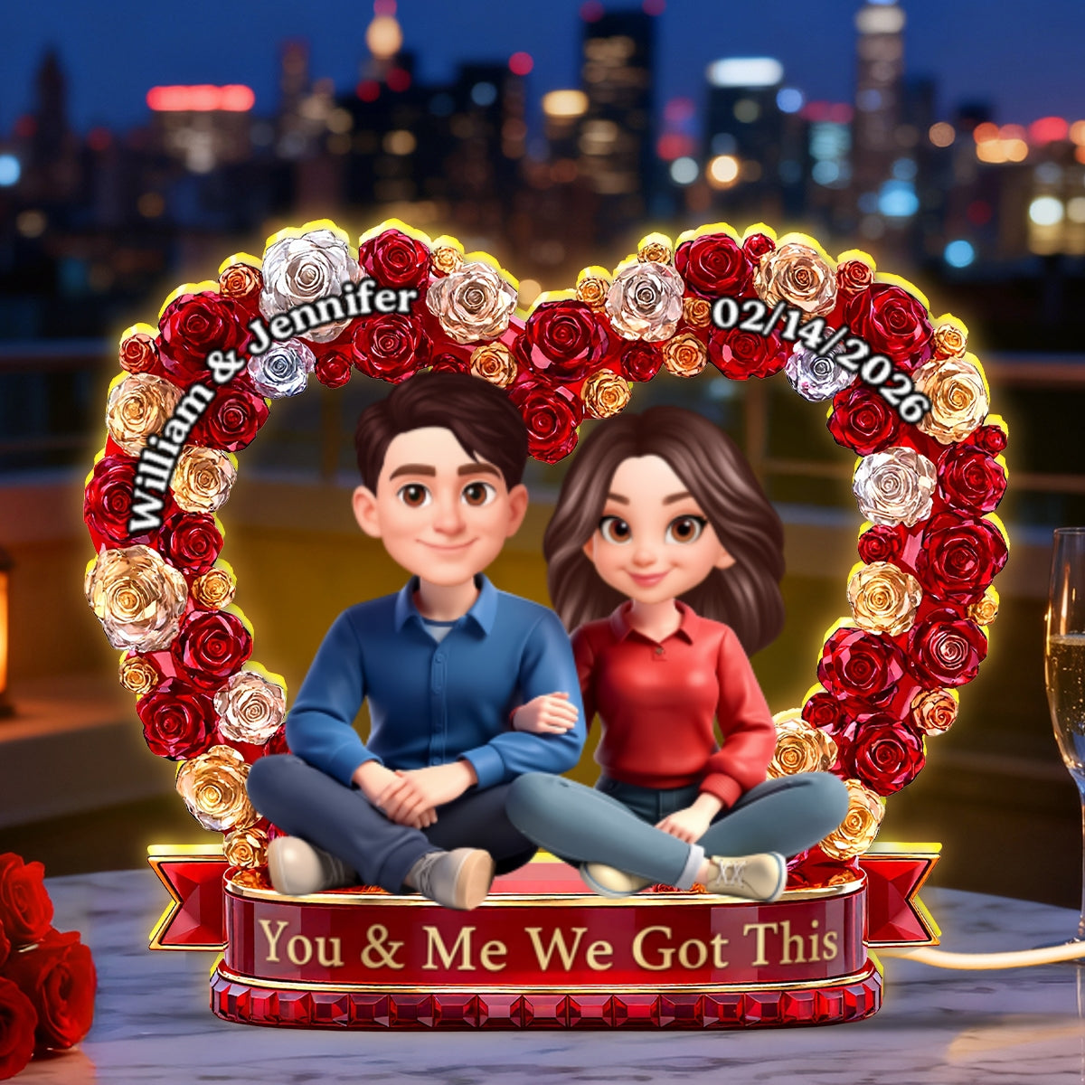 Flower Heart Couple Sitting Together - Personalized Light Box - Gift for Couple