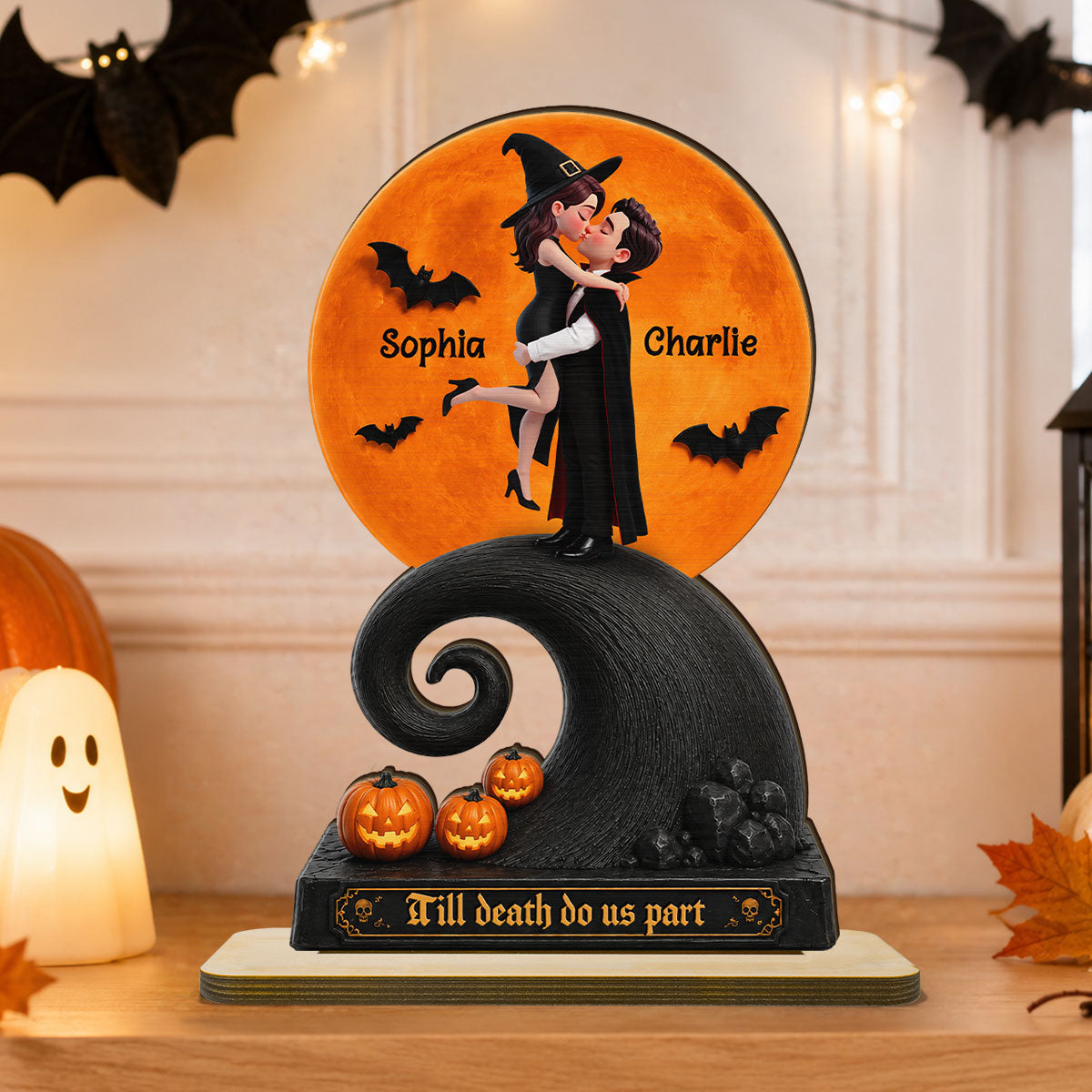 Our Love Beneath The Halloween Moon - Personalized 2-Layered Wooden Plaque - Halloween Gift For Couple