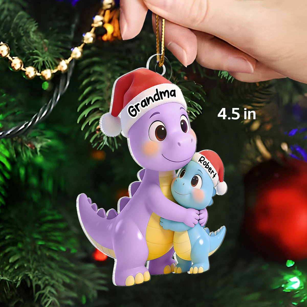 3D Effect Heartwarming Happy Grandmasaurus With Dinosaur Grandkid - Personalized Acrylic Ornament - Gift For Grandkids