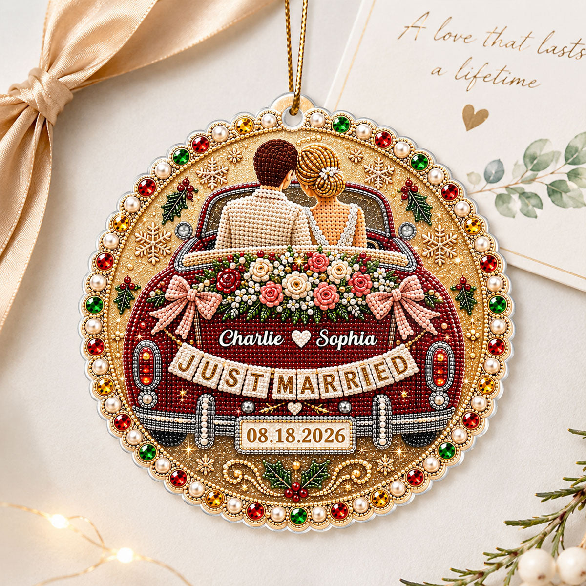 Just Married Wedding Car - Personalized Acrylic Ornament - Christmas Gift For Couple