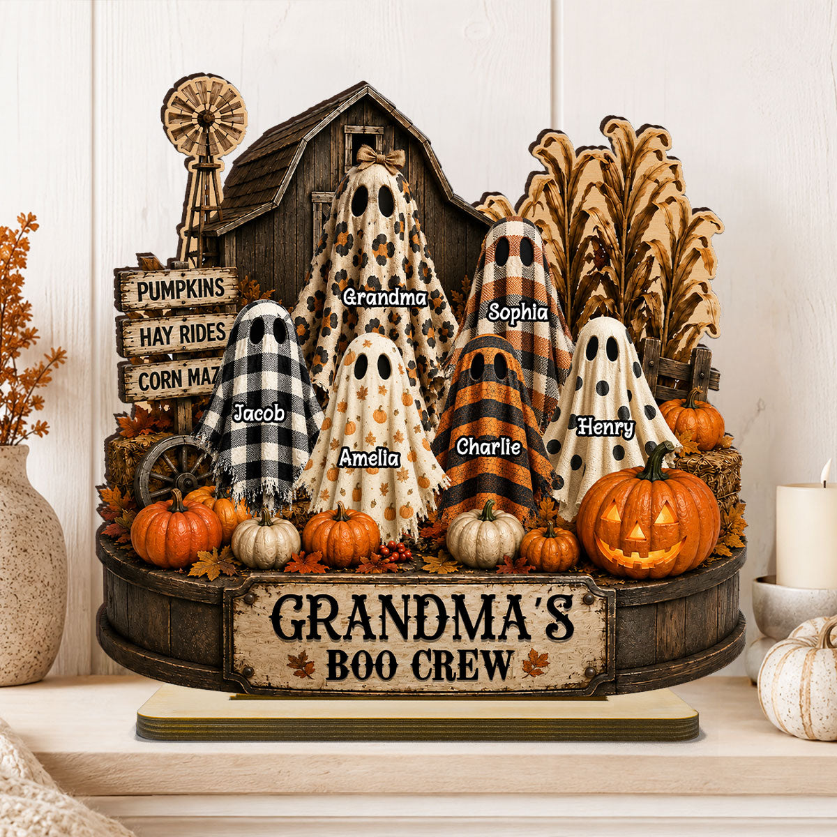 Grandma's Boo Crew Pumpkin Patch - Personalized 2-Layered Wooden Plaque - Halloween Fall Decor for Grandma