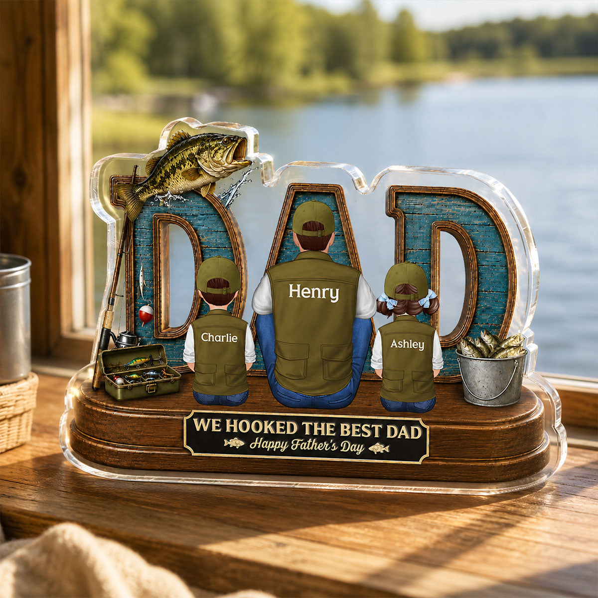Fishing Dad And Kids We Hooked The Best Dad - Personalized Acrylic Block Plaque -  Gift For Dad, Husband