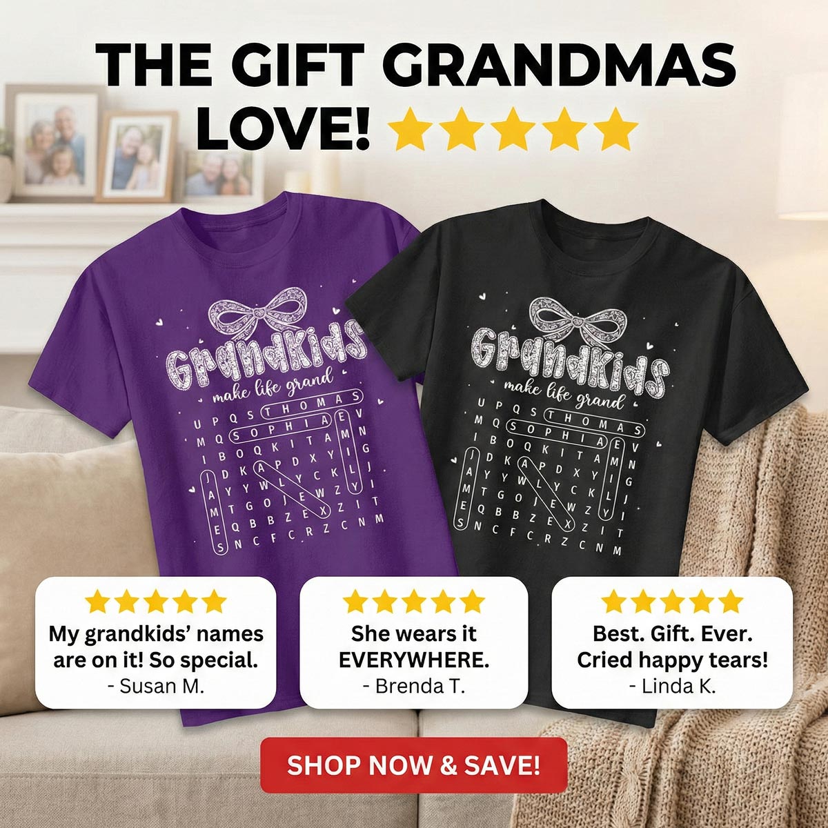 Lace Pattern Grandma Custom Grandkids Names Word Search Puzzle - Personalized Shirt - Gift For Grandma