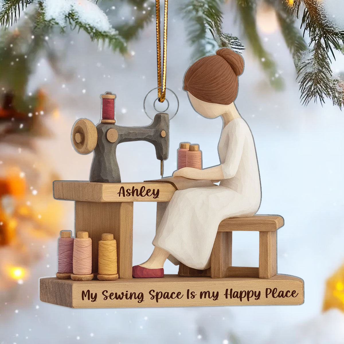 Custom My Sewing Space Is My Happy Place - Personalized Acrylic Ornament - Quilter Gift, Craft Room Christmas Keepsake
