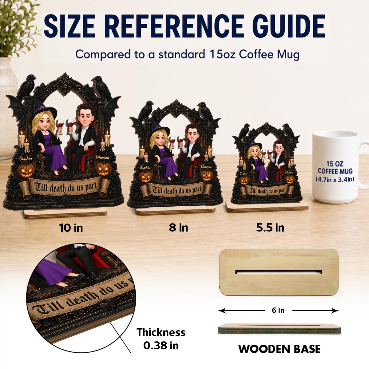 Till Death Do Us Part Halloween Couple Sitting 2D Flat - Personalized 2-Layered Wooden Plaque - Halloween Decor For Couple