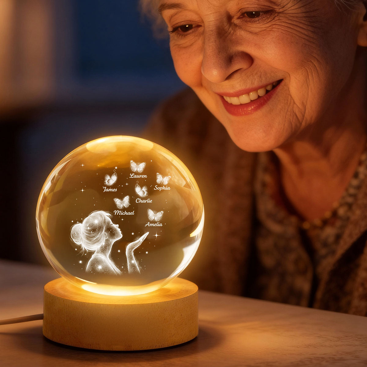 Grandma Mom Butterflies Kiss - Personalized Crystal Ball LED Night Light - Sentimental Gift for Grandma, Mom