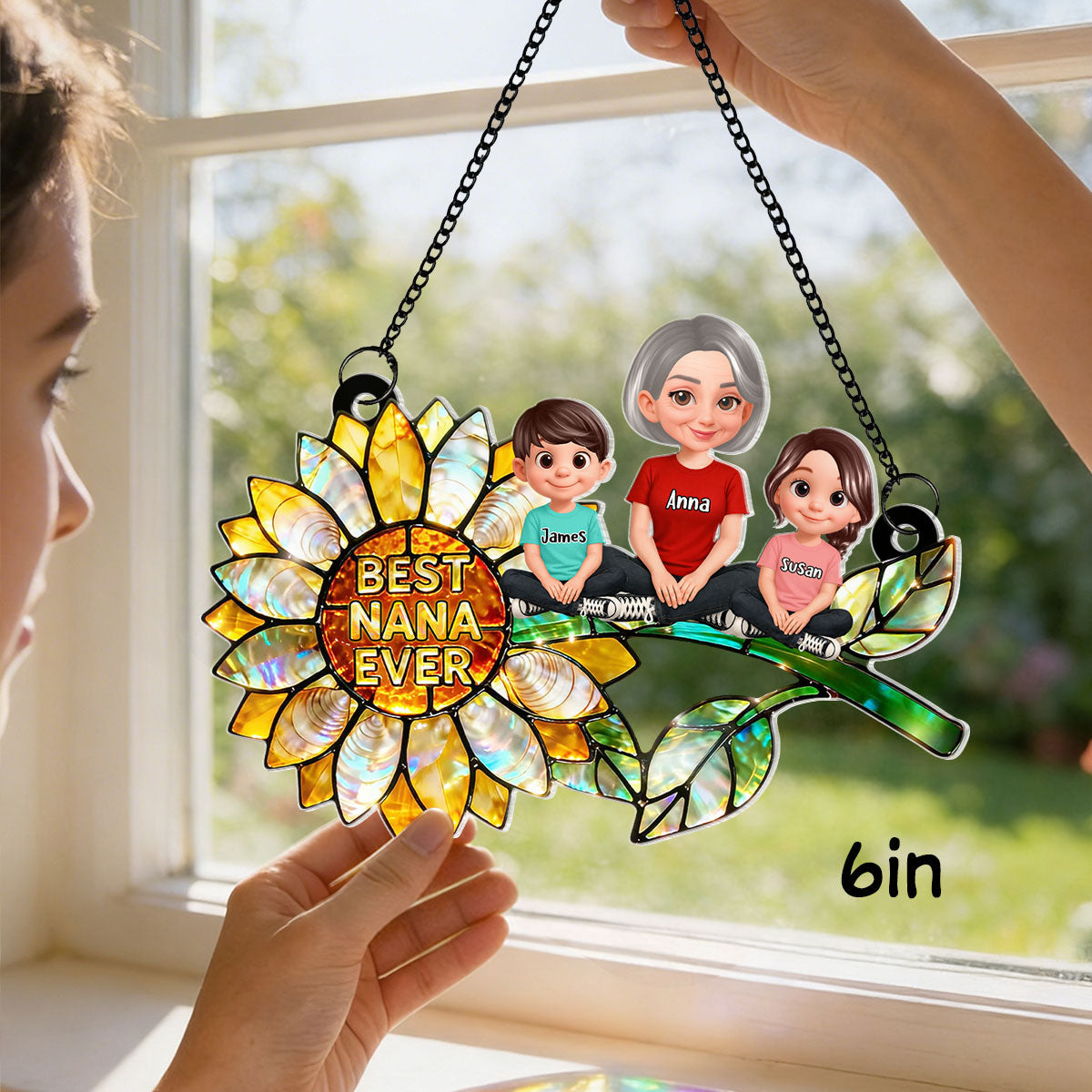 Sunflower Mom Grandma and Grandkids Sitting - Personalized Window Hanging Suncatcher - Mother's Day Gift for Mom, Wife