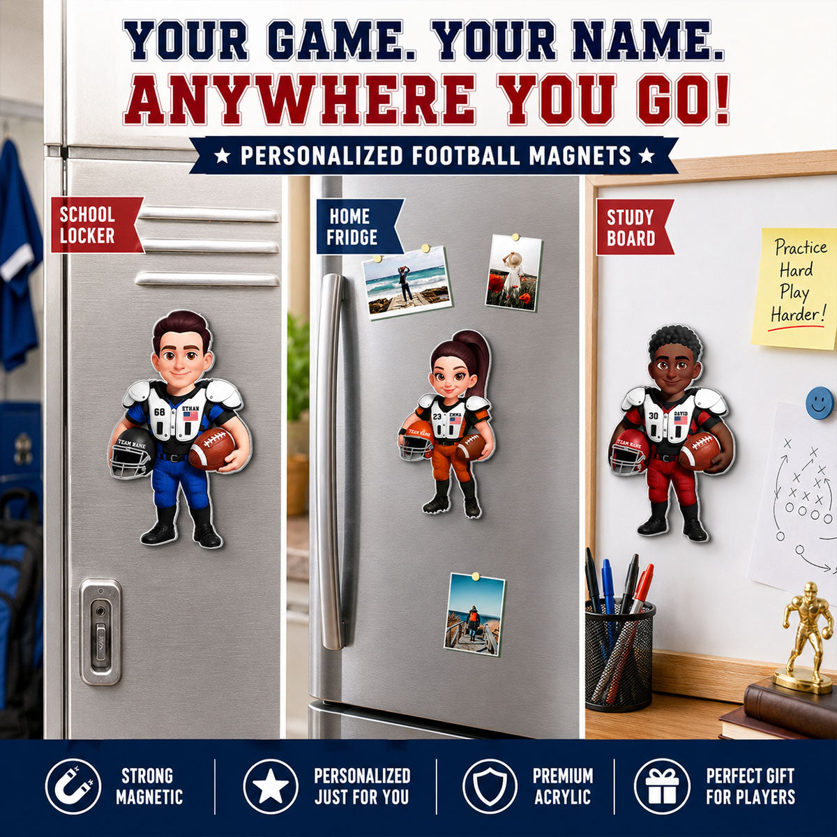 American Football Players Boy & Girl - Personalized Acrylic Locker Magnet - Back To School Gift For Daughters, Sons, Grandkids, Teenagers, Teen Girl, Teen Boy