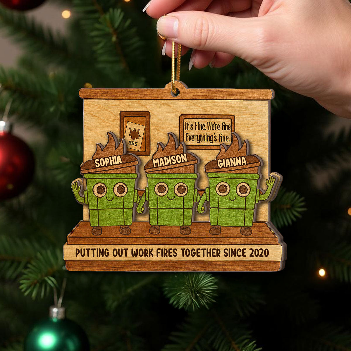 Dumpster Fires In Office Scene - Personalized Wooden Ornament - Funny Gift For Colleagues, Work Besties