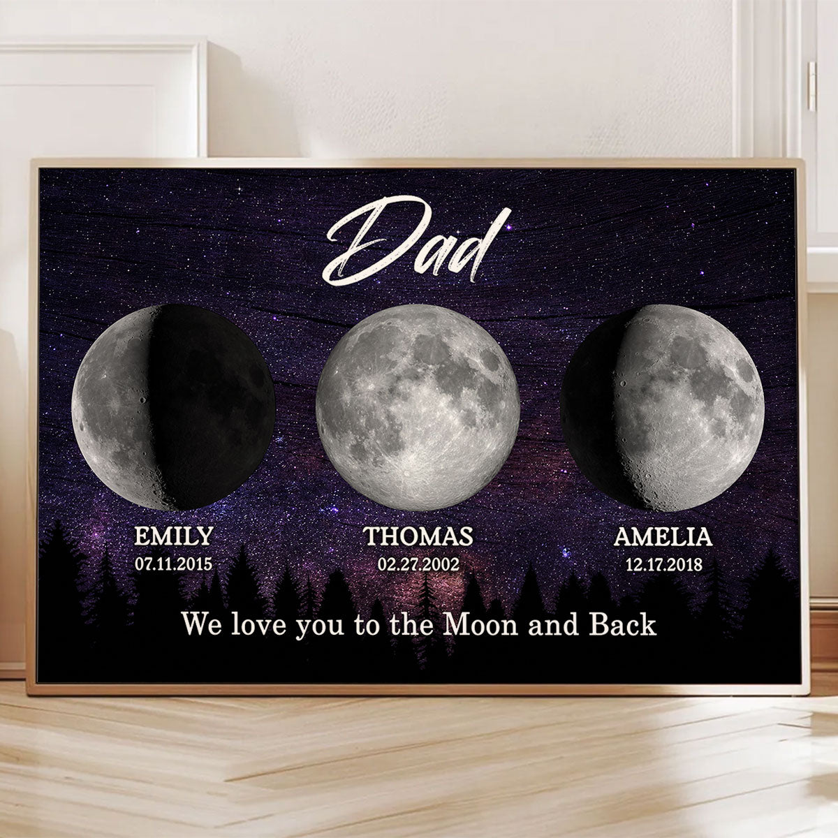 Dad We Love You to the Moon and Back, Custom Moon Phase by Date - Personalized Poster - Father's Day Gift for Dad, Husband