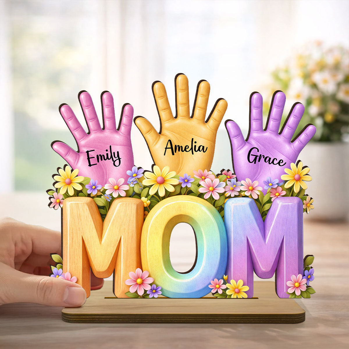 Mom And Kids Hand Print - Personalized 2-Layered Wooden Plaque - Heartfelt Mother's Day Gift for Mom, Wife