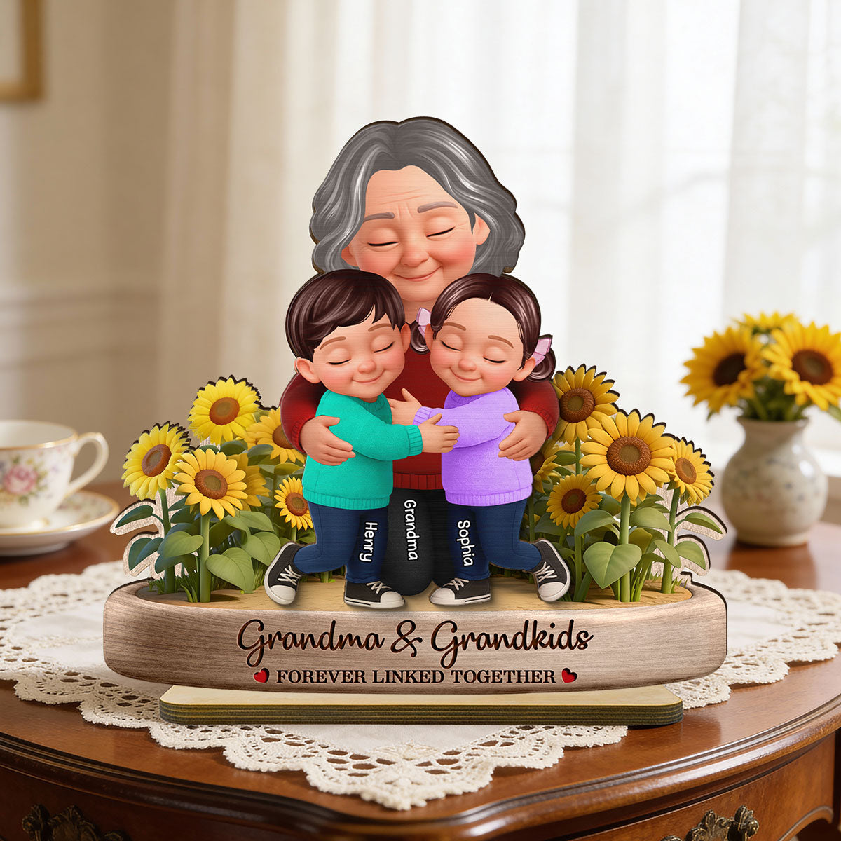 Grandma And Grandkids Forever Linked Together Sunflower Field - Personalized 2-Layered Wooden Plaque - Gift For Grandma