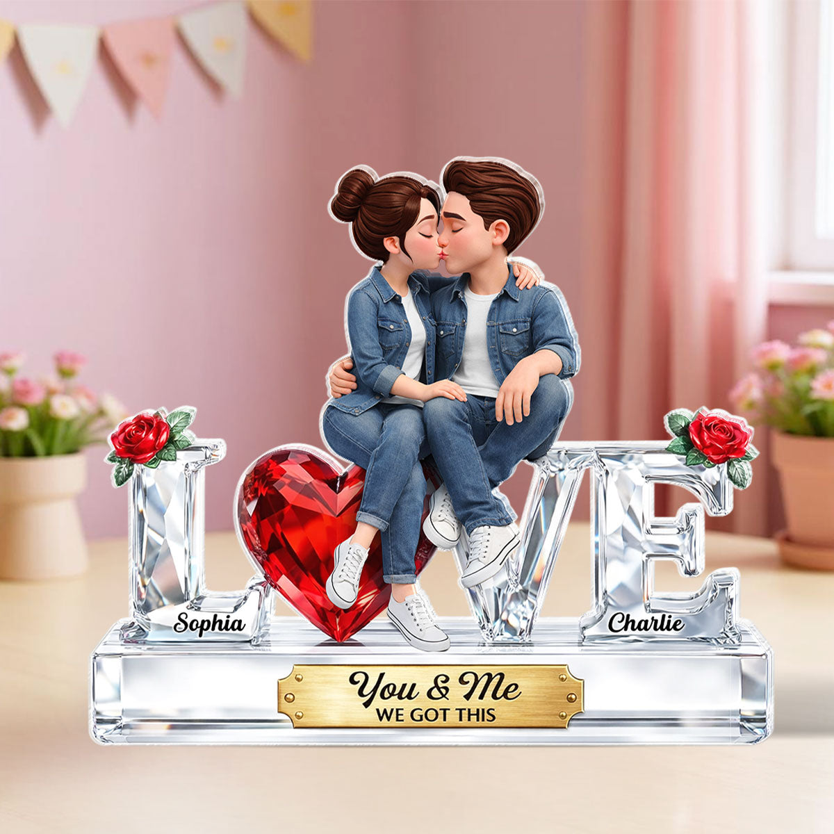 Couple Love 3D Crystal Effect - Personalized Acrylic Block Plaque - Heartfelt Valentine's Day Gift for Her, for Him