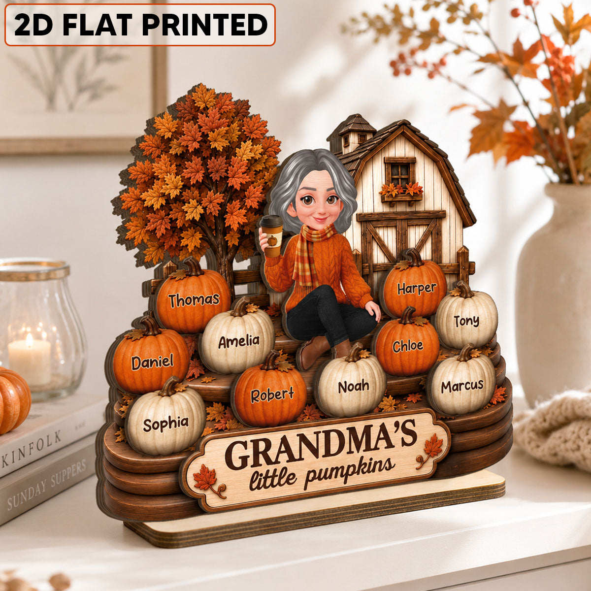 Fall Season Cozy Warm Farmhouse Style Grandma's Little Pumpkins - Personalized 2-Layered Wooden Plaque - Fall Decor For Grandma