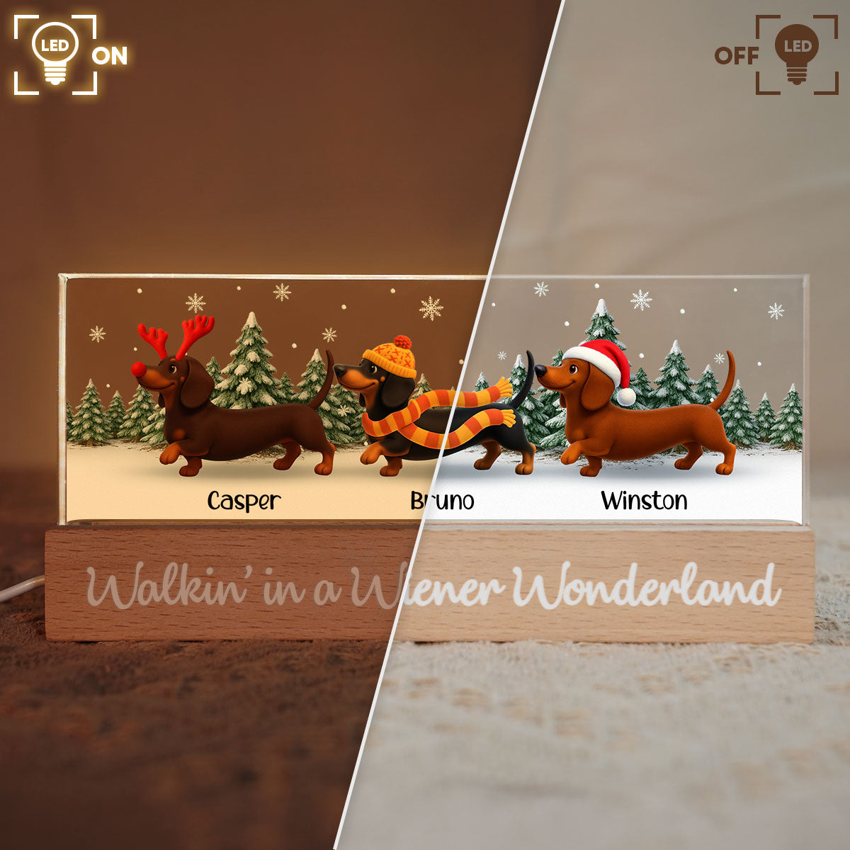 Christmas Dachshunds Walking In A Wiener Wonderland - Personalized Acrylic Block Plaque LED Night Light