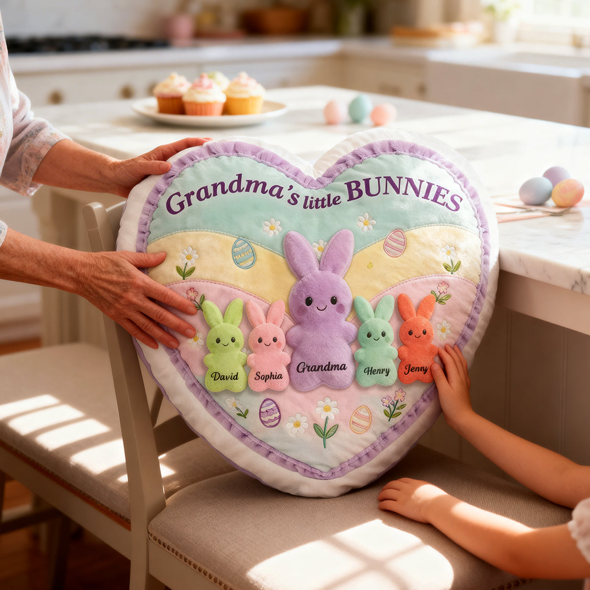 Grandma and Grandkids Bunnies - Personalized Faux Fur Pillow - Easter Decor Gift for Grandma, Mom