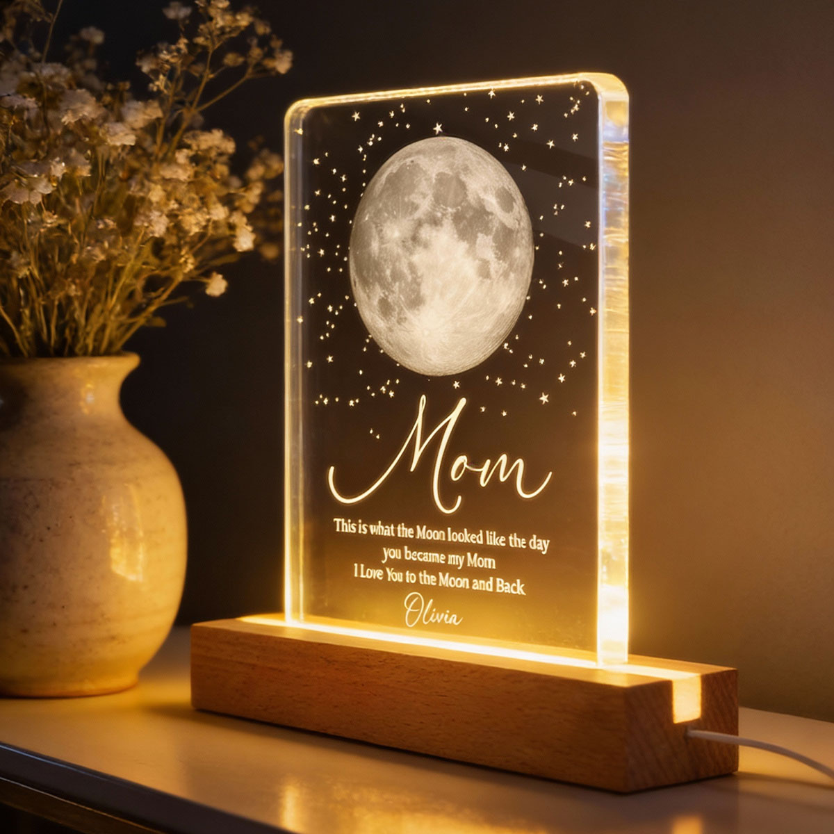 Mom I Love You to the Moon and Back, Custom Moon Phase by Date - Personalized Acrylic Block LED Night Light - Heartfelt Gift for Mom