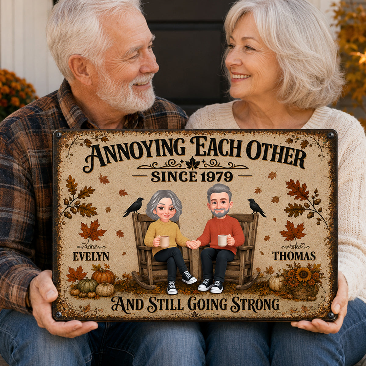 Retro Couple Annoying Each Other - Personalized Metal Sign - Fall Decor, Anniversary Gift for Her, Gift for Him