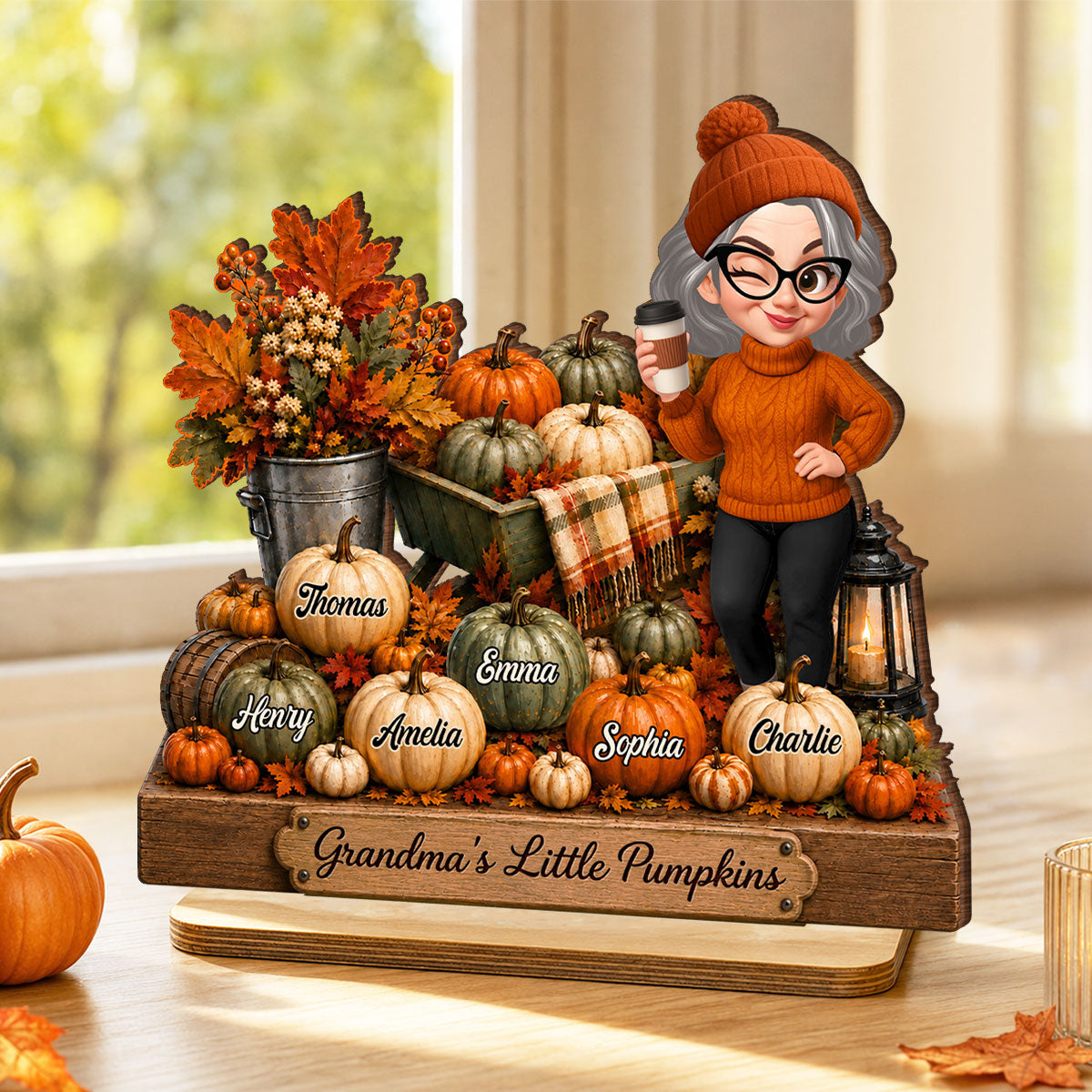 Pumpkin Wheelbarrow Grandma Grandkids - Personalized 2-Layered Wooden Plaque - Fall Season Decor Gift, Gift For Grandma