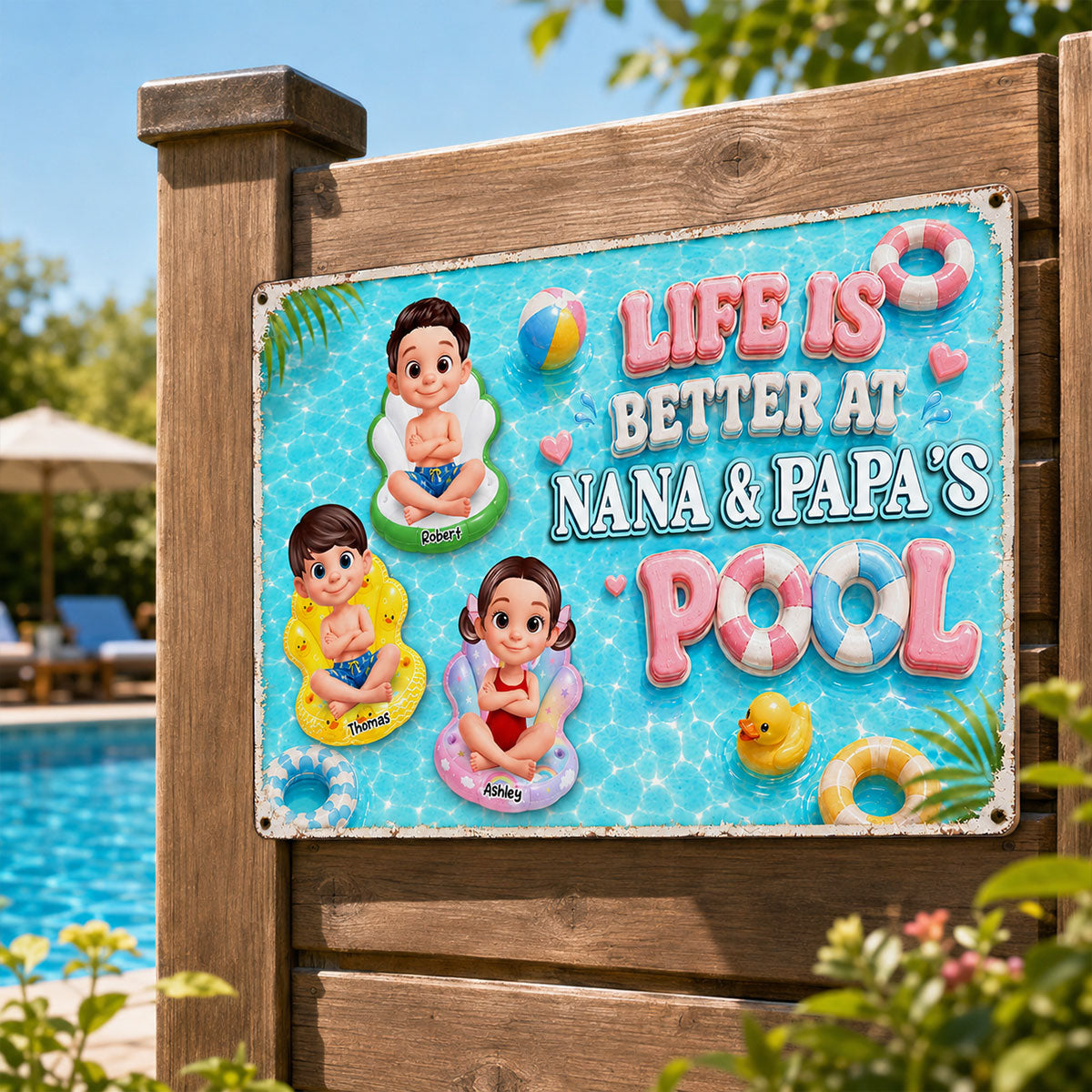 Pastel Life Is Better At Pool - Personalized Metal Sign - Gift For Grandparents, Summer Outdoor Pool, Porch, Patio, Bar Decoration