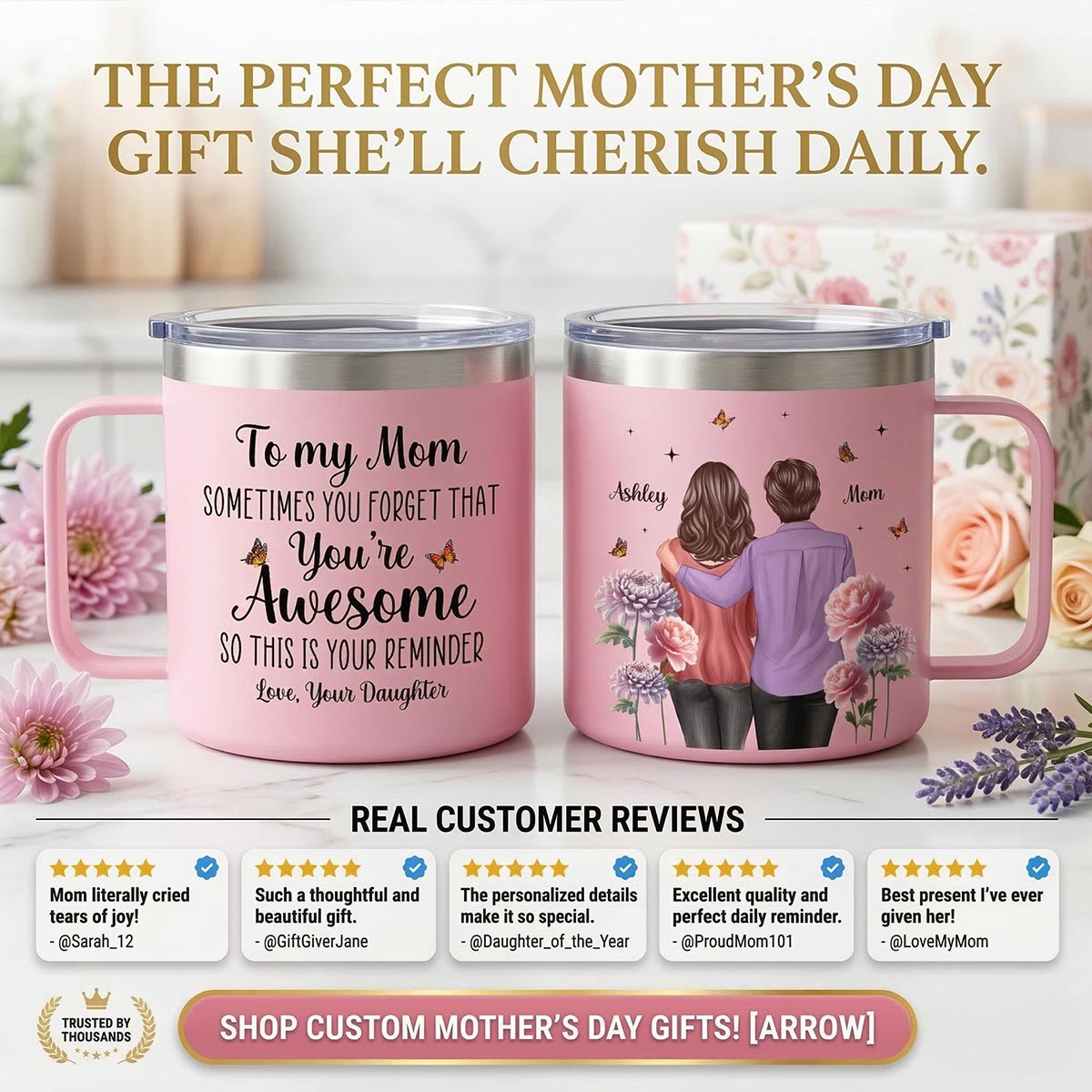 To My Mom You're Awesome Birth Flower - Personalized Stainless Steel Tumbler With Handle - Mother's Day Gift For Mom From Daughter