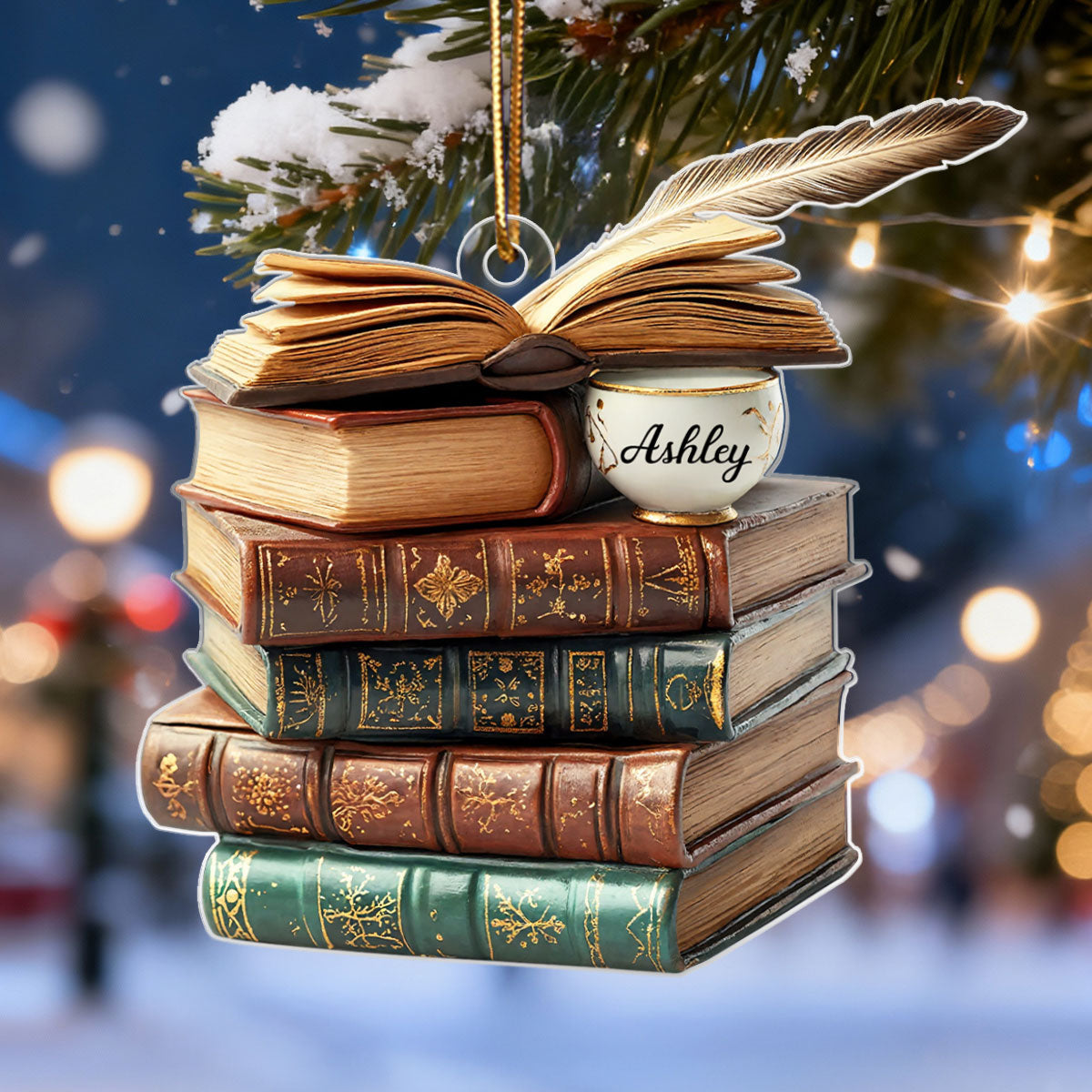3D Effect Vintage Book Stack Light Bauble - Personalized Acrylic Ornament - Unique Christmas Gift For Book Lovers