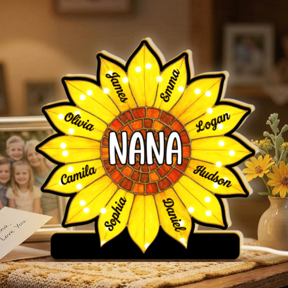 Grandma Sunflower Custom Kids Names - Personalized Suncatcher Night Light - Heartfelt Mother's Day Gift For Grandma, Mom, Wife