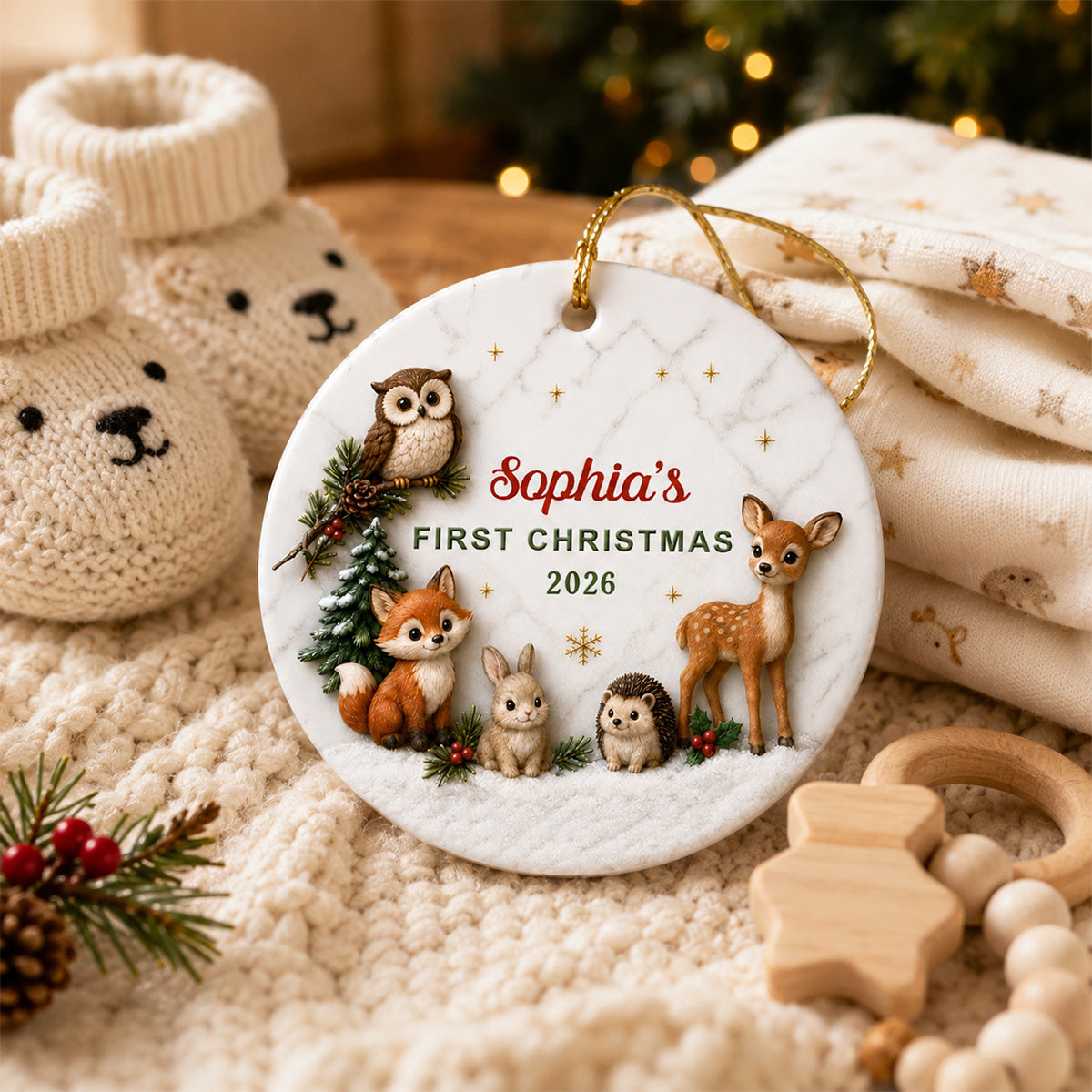 Baby First Christmas Woodland Animals 2D Flat - Personalized Ceramic Ornament - Christmas Keepsake