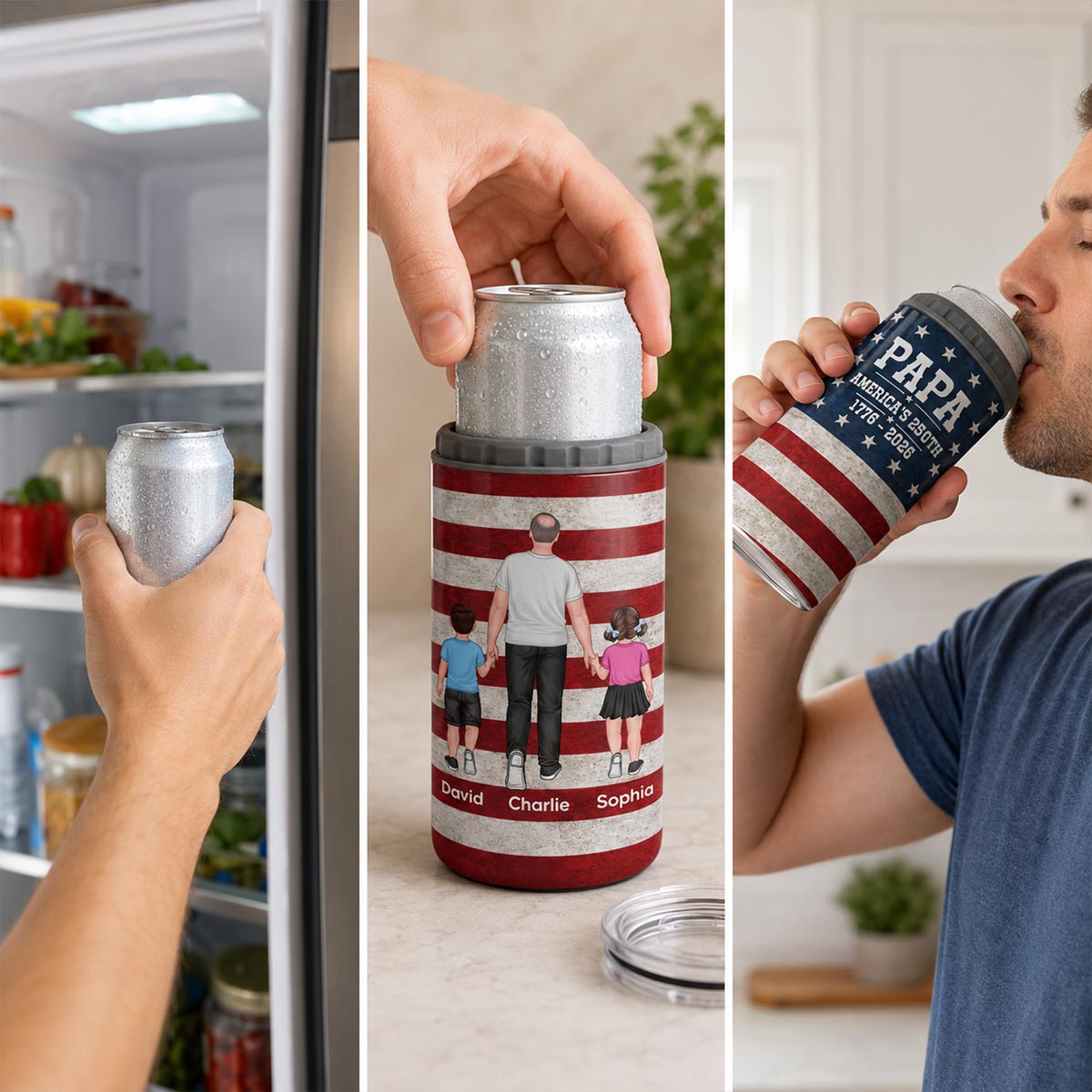 Proud American Dad Grandpa Walking With Kids - Personalized 4-in-1 Can Cooler - 4th Of July, American 250th Anniversary Gift For Patriotic Dad, Grandpa