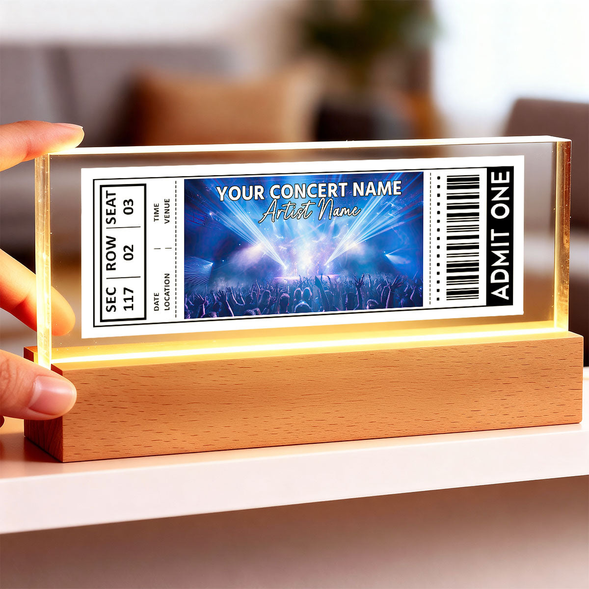 Custom Couple Favorite Music Concert Photo Ticket - Personalized Acrylic Block LED Night Light - Valentine's Day Gift for her, for him