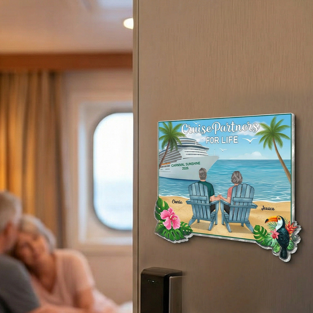 We're In Cruise Mode Back View Couple Sitting On The Beach - Personalized Cruise Ship Door Magnet