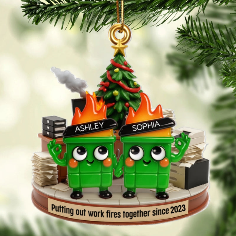 Funny Dumpster Fire Office Chaos Background - Personalized Acrylic Ornament - Funny Coworker Christmas Gift, White Elephant Gift for Coworkers