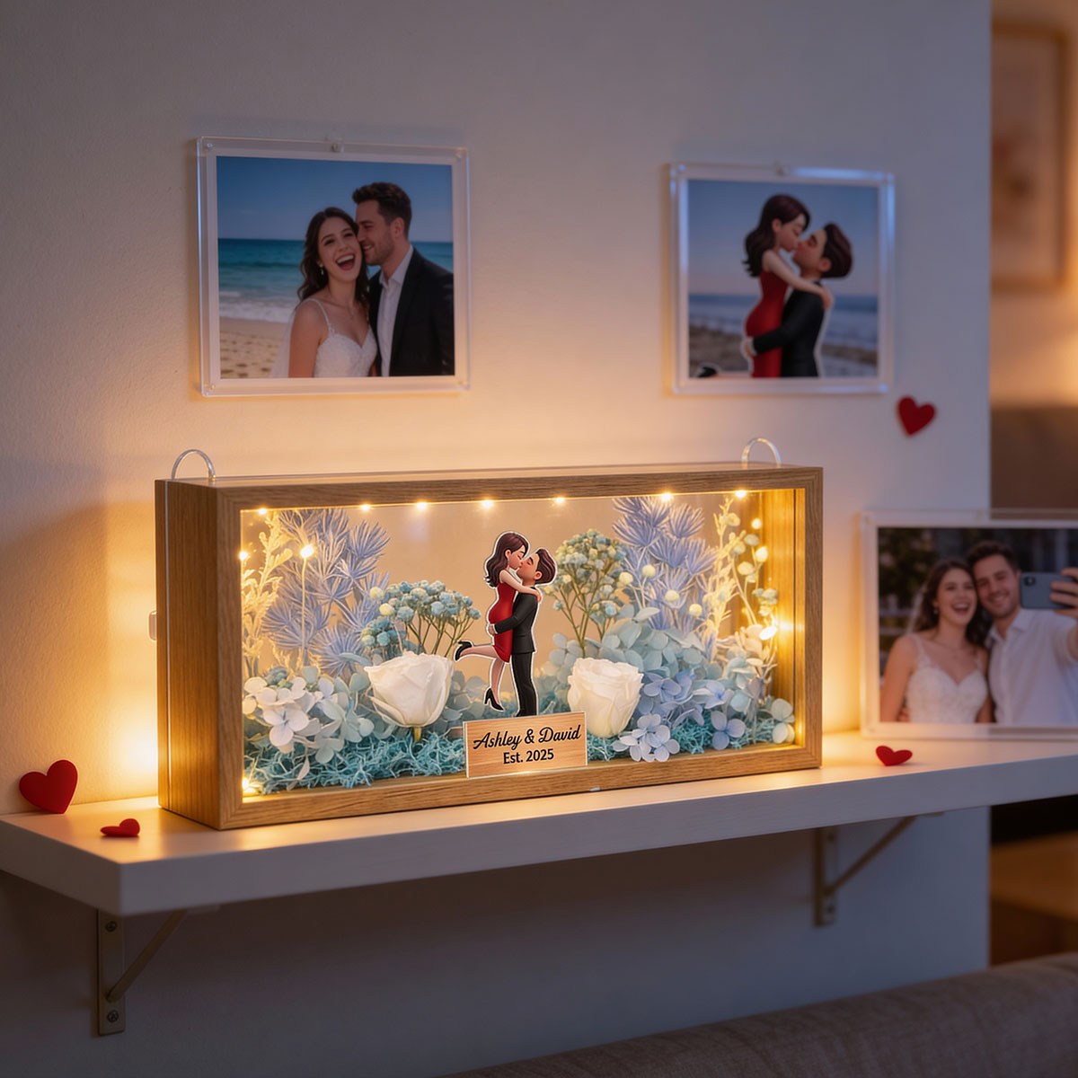 Romantic Couple Hugging Kissing - Personalized DIY Flower Shadow Box LED Night Light - Gift For Couple, For Him, For Her
