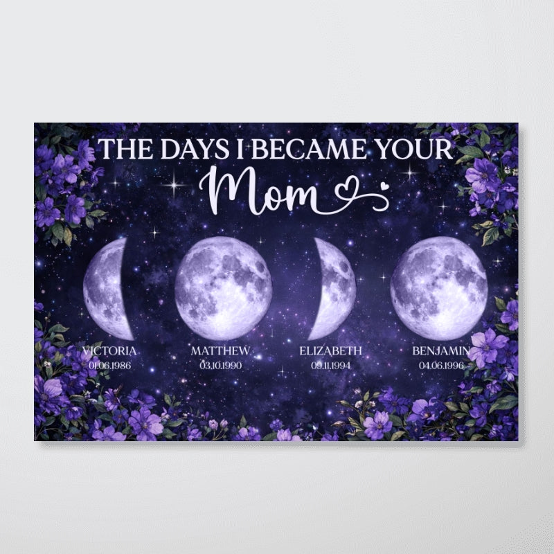 Purple Flowers The Day You Became Mom Grandma Custom Birth Moon Phase - Personalized Poster - Mother's Day Gift For Mom, Grandma
